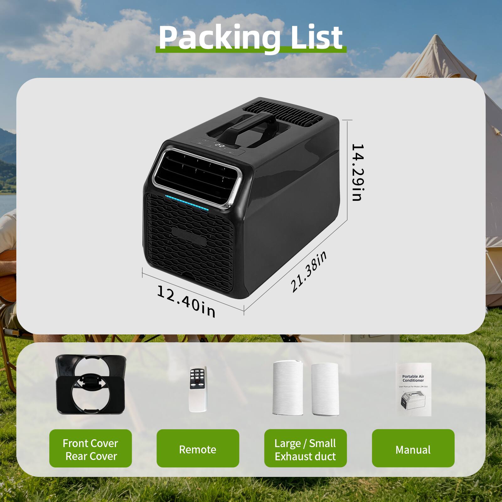 Packing List

12.40in x 21.38in x 14.29in

- Front Cover
- Rear Cover
- Remote
- Large/Small Exhaust duct
- Manual
