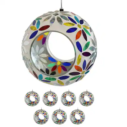 The image shows a decorative glass chandelier with a spherical design, featuring colorful, leaf-shaped patterns in various colors such as blue, green, yellow, red, and purple. Below the main sphere, there are smaller matching glass ornaments arranged in a grid pattern.
