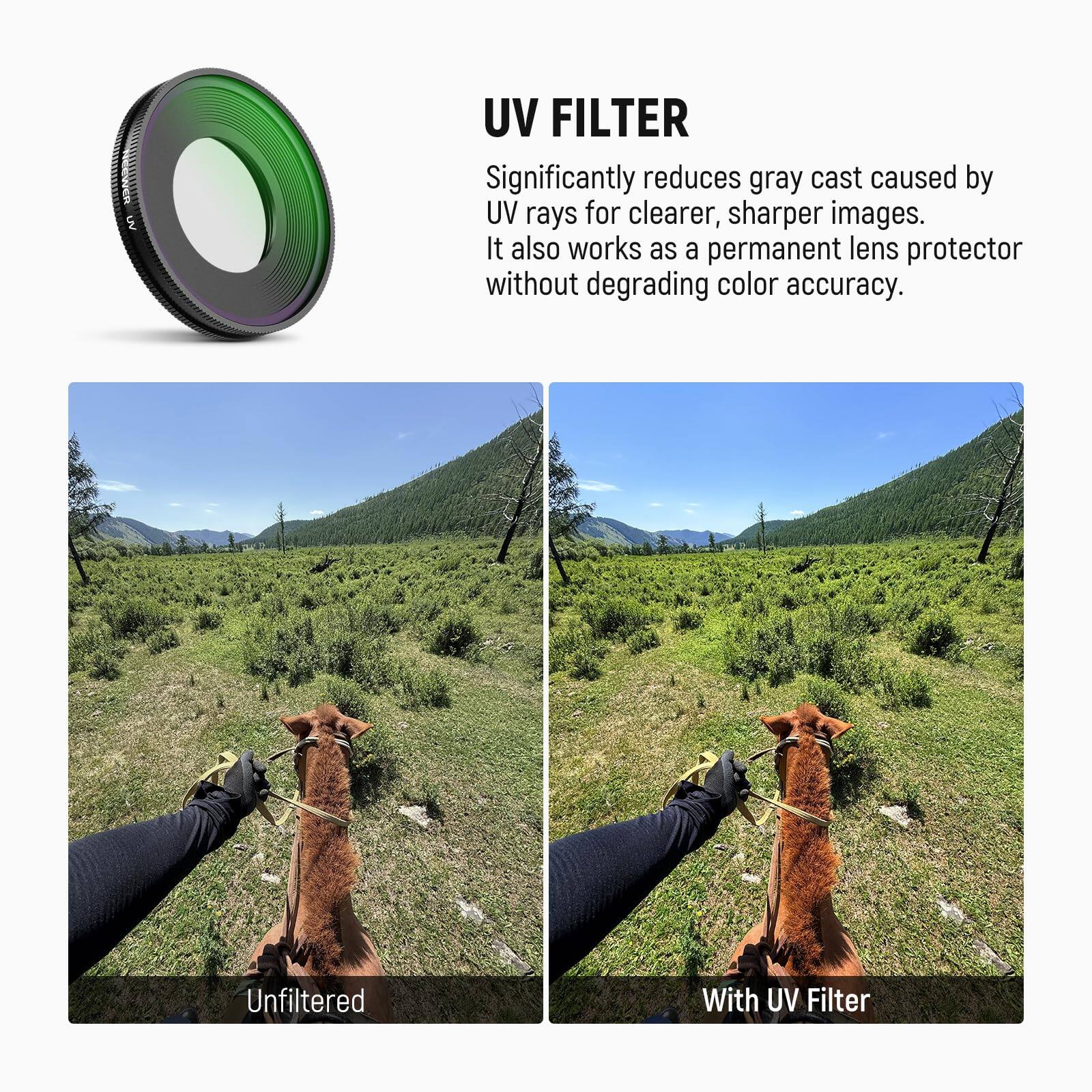 UV FILTER

Significantly reduces gray cast caused by UV rays for clearer, sharper images. It also works as a permanent lens protector without degrading color accuracy.

Unfiltered | With UV Filter