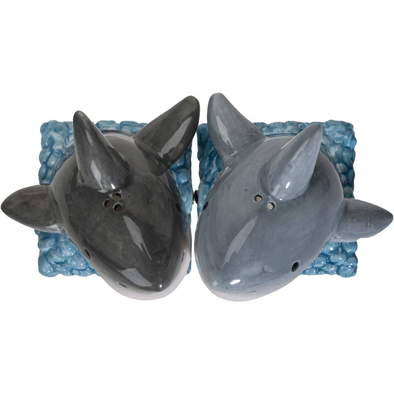 Left. Pacific Trading - Shark Jaws King of the Ocean Ceramic Salt and Pepper Shakers Set - Grey.