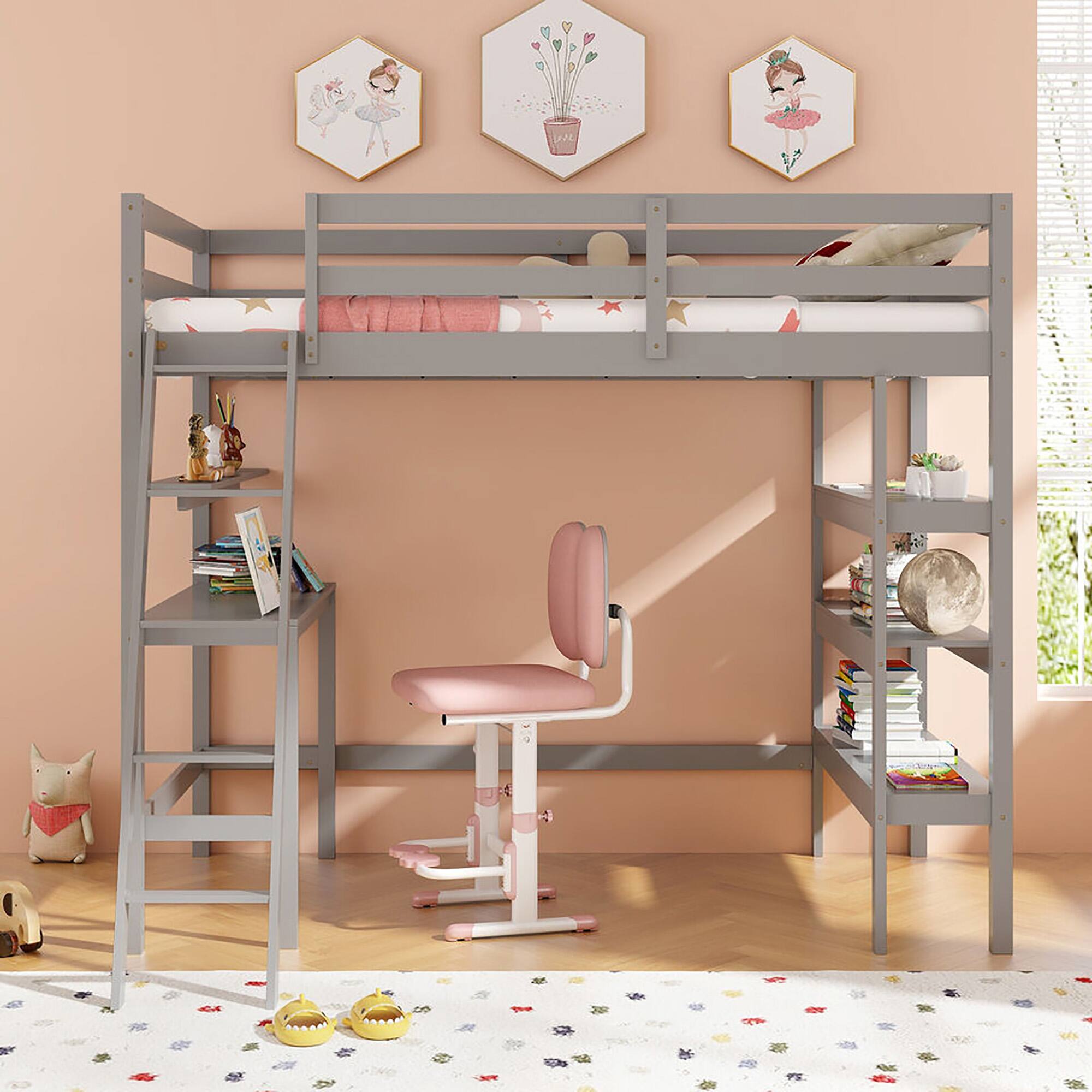 Alt View 3. Gymax - Gymax Twin Size Solid Wood Loft Bed w/ Desk & Bookshelves Ladder & Guardrails Gray - Gray.