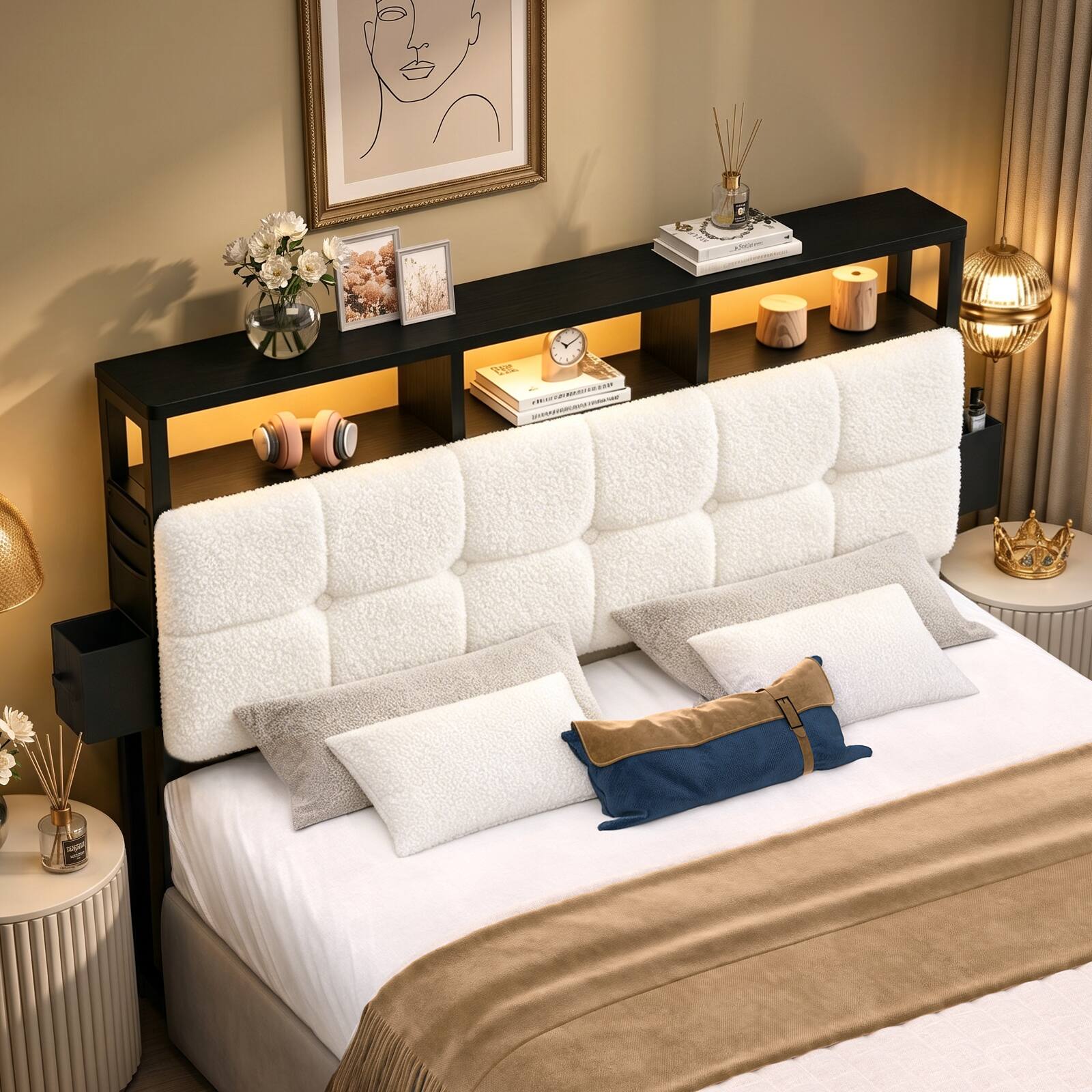 Alt View 1. Pinmoco - Upholstered Headboard with Storage, Charging Station & LED Light, Headboard Only - Off-white.