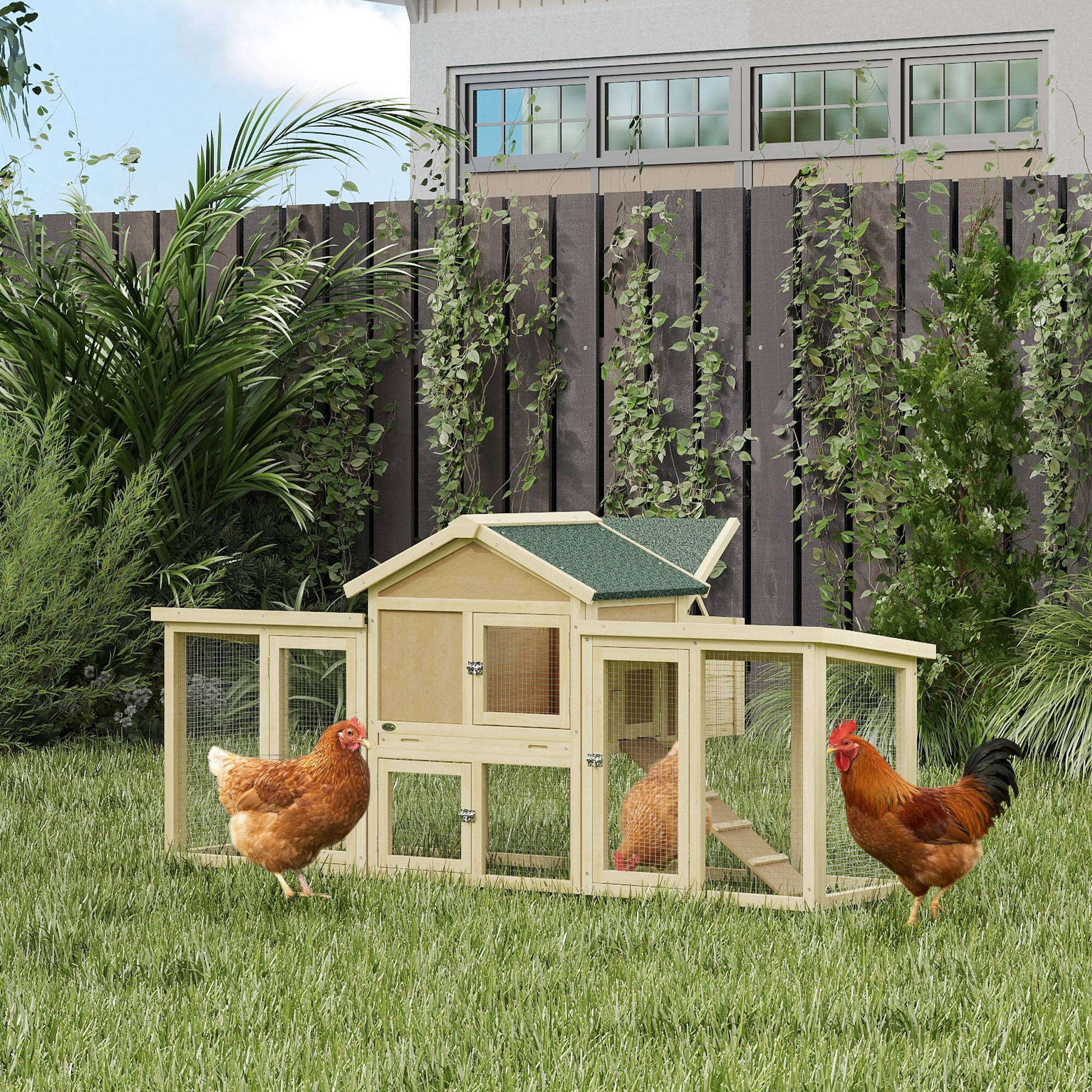 Alt View 1. Pawhut - Chicken Coop ith Nesting Box, Double Runs, Removable Tray, Ramp - Natural Wood.