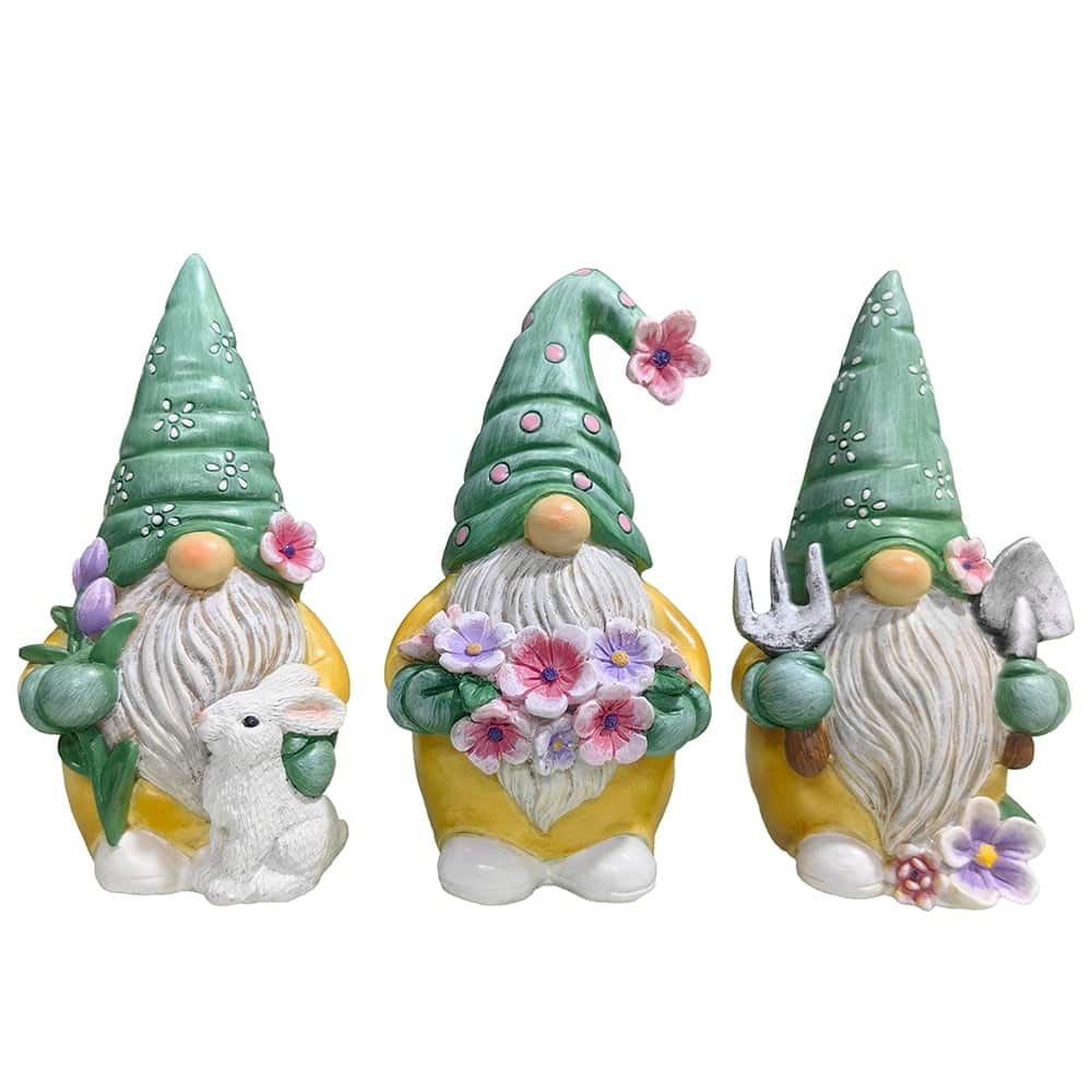 OrnamentallyYou - Garden Guardians Set of Three 6" Gardening Gnome Figurines, Floral Green and Yellow Statue Decor - Multicolored