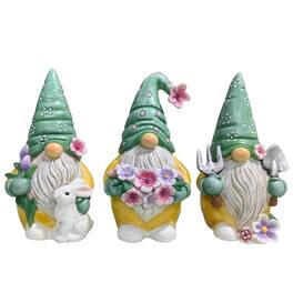 OrnamentallyYou - Garden Guardians Set of Three 6" Gardening Gnome Figurines, Floral Green and Yellow Statue Decor - Multicolored