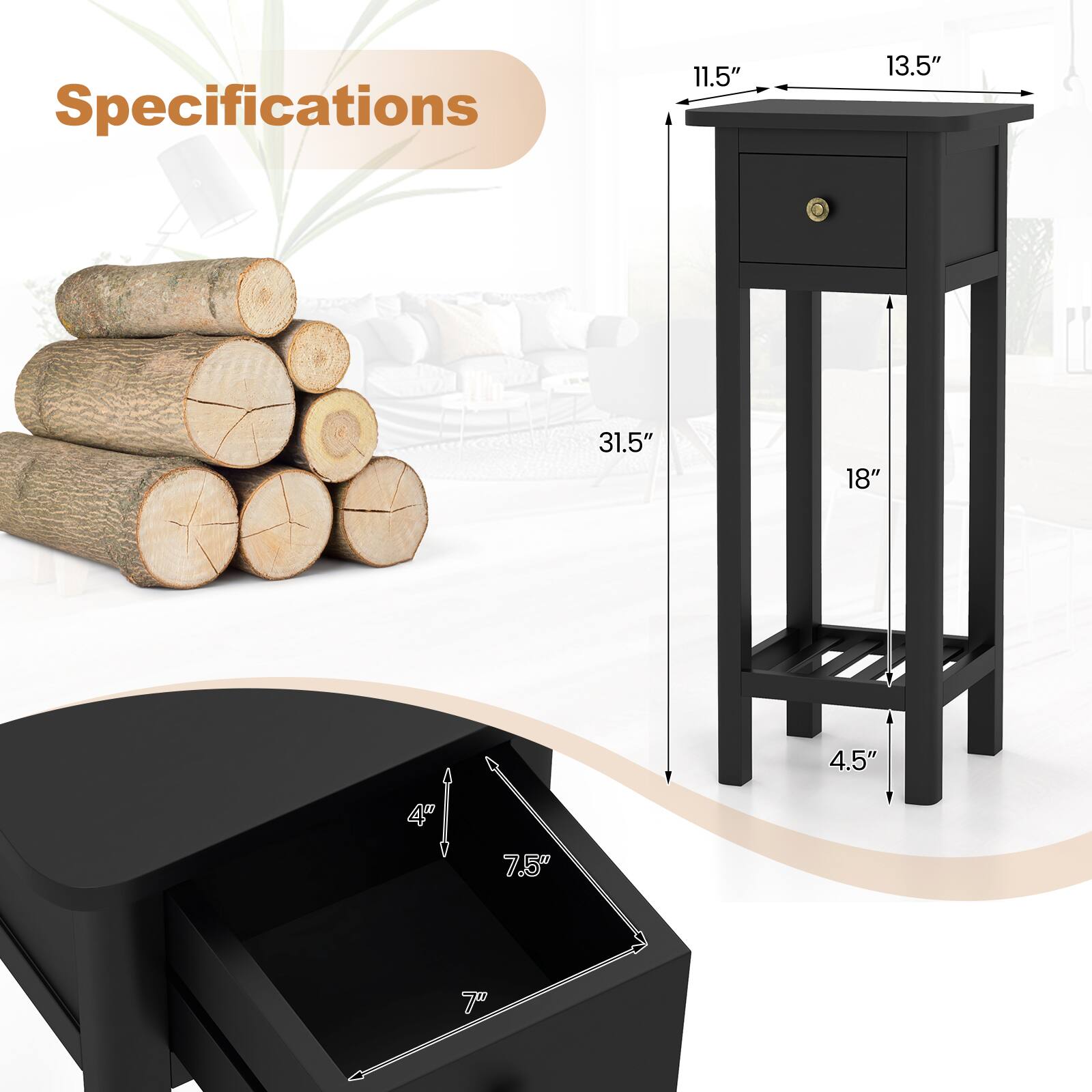 Specifications: 11.5", 13.5", 31.5", 18", 4.5", 4", 7.5", 7"