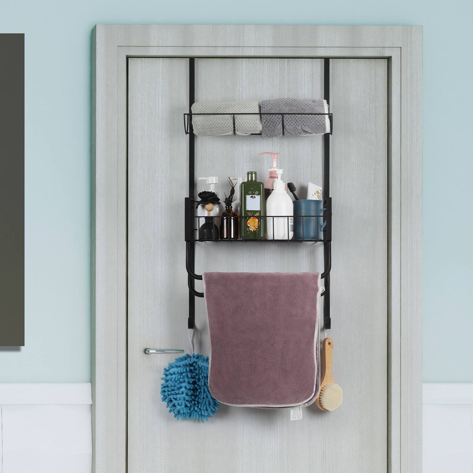 Alt View 1. Oumilen - Matte Black Over Door Metal Towel & Bathroom Storage Organizer Rack - Black.
