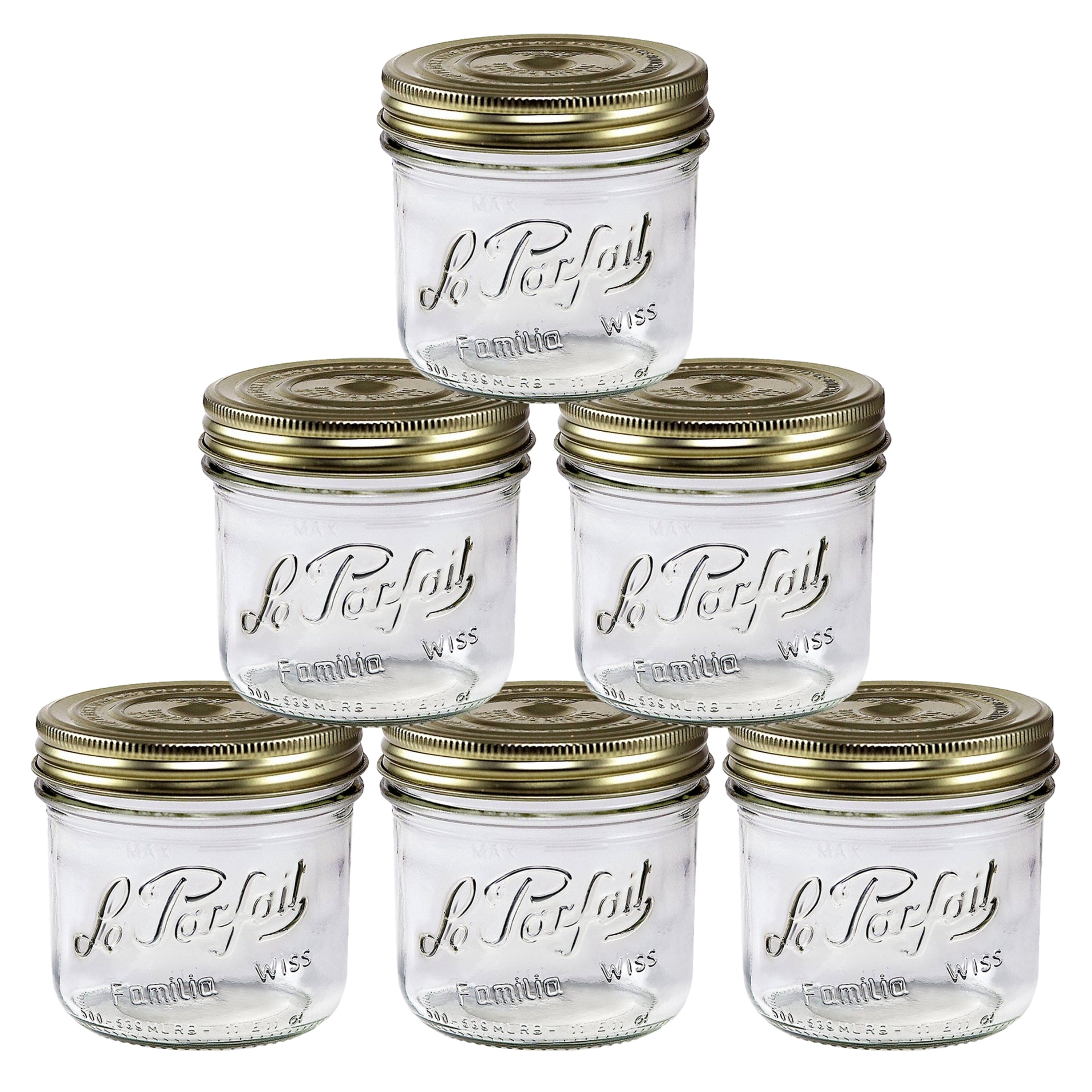 Le Parfait - Familia Wiss Terrine - 500ml Wide Mouth French Glass Mason Jar w/ 2-Piece Gold Lid, 16oz/Pint (Pack of 6) price history on PriceWatchPro