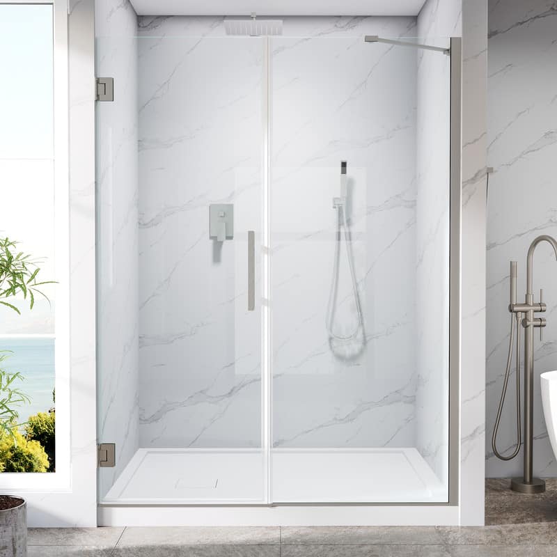"WELLFOR - 55–56 in. W x 72 in. H Frameless Hinged Shower Door with 3/8"" Clear Tempered Glass, Reversible Opening - Brushed Nickel" price history on PriceWatchPro