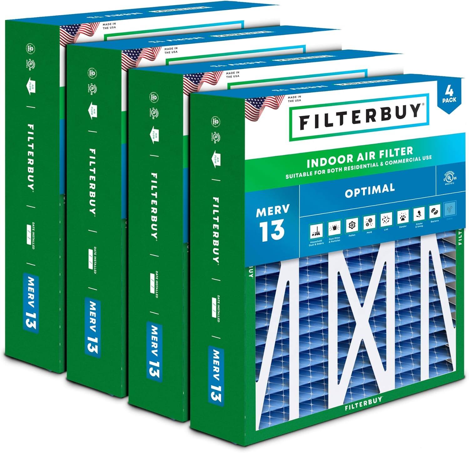 C 2 . ADE -- THE v.. - - MADE - THE USA FILTERBUY | MERV 13 C FILTERBUY STESALES MERV 13 o FILTERBUY . nT MERV 13 - BEAS - THE ... - 4 MASIN - THE osa PACK o FILTERBUY AIR FILTER USE INDOOR & COMMERCIAL BOTH RESIDENTIAL SUITABLE FOR ( Oa W OPTIMAL MERV FILTERBUY 13 ha FILT UY I DATE INSTALLES 13 MERV AMA FILTERBUY