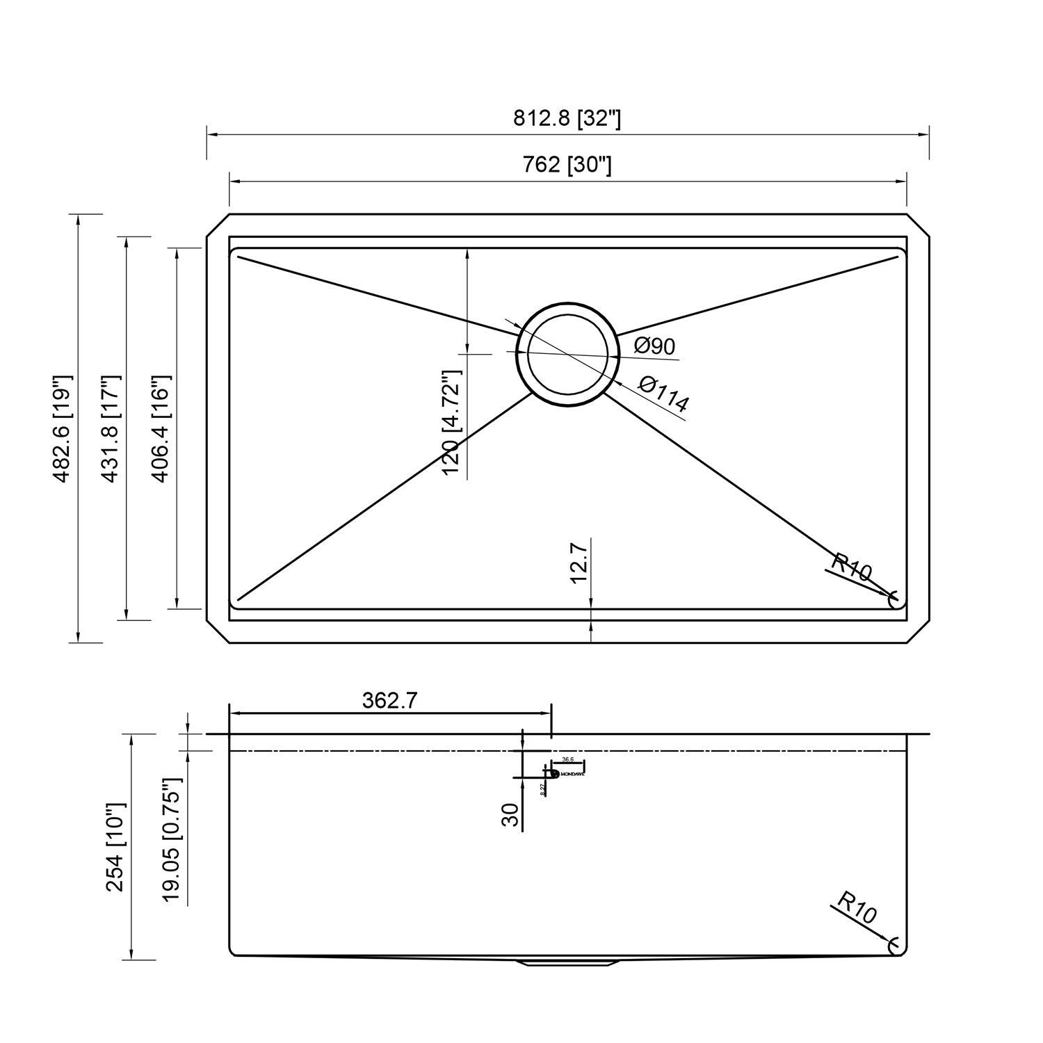 812.8 [32"] 762 [30"] 482.6 [19"] 431.8 [17"] 406.4 [16"] 120 90 114 12.7 R40 362.7 [10"] 254 [0.75"] 19.05 30 R10