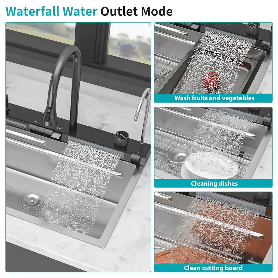 Waterfall Fixture Display Ropilly 30 inch top mount kitchen sink, single bowl workstation sink ...