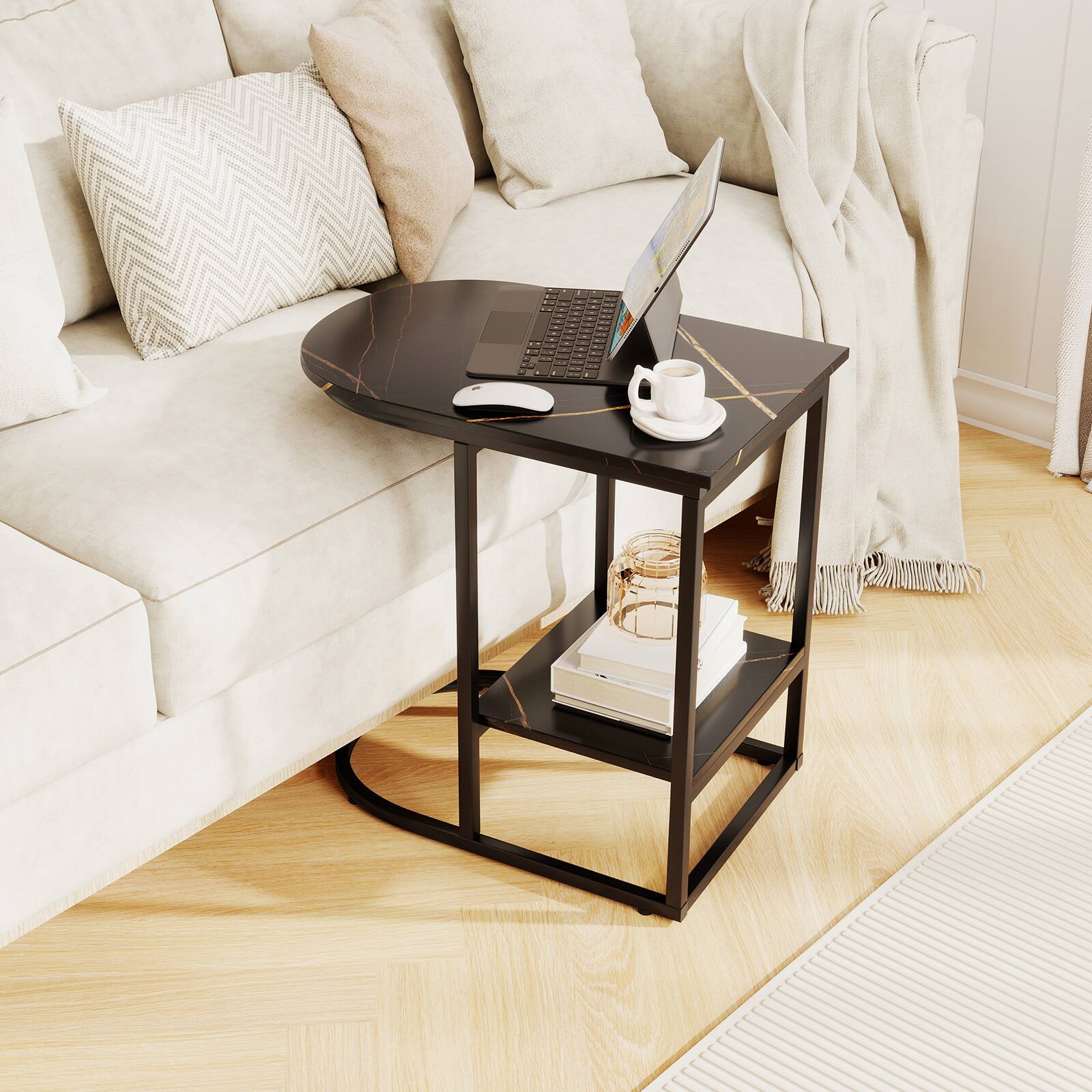 Alt View 1. Gymax - Gymax 2PCS C-Shaped Side Table Compact 2-tier Storage End Table for Small Space Black - Black.