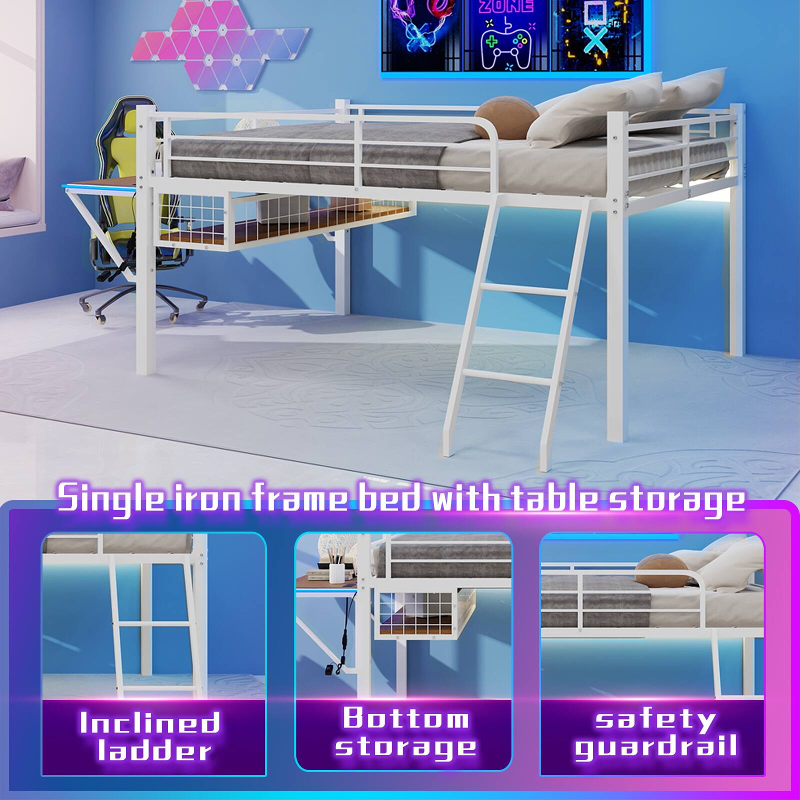 ZONE X Single iron frame bed with table storage  
Inclined ladder  
Bottom storage  
Safety guardrail
