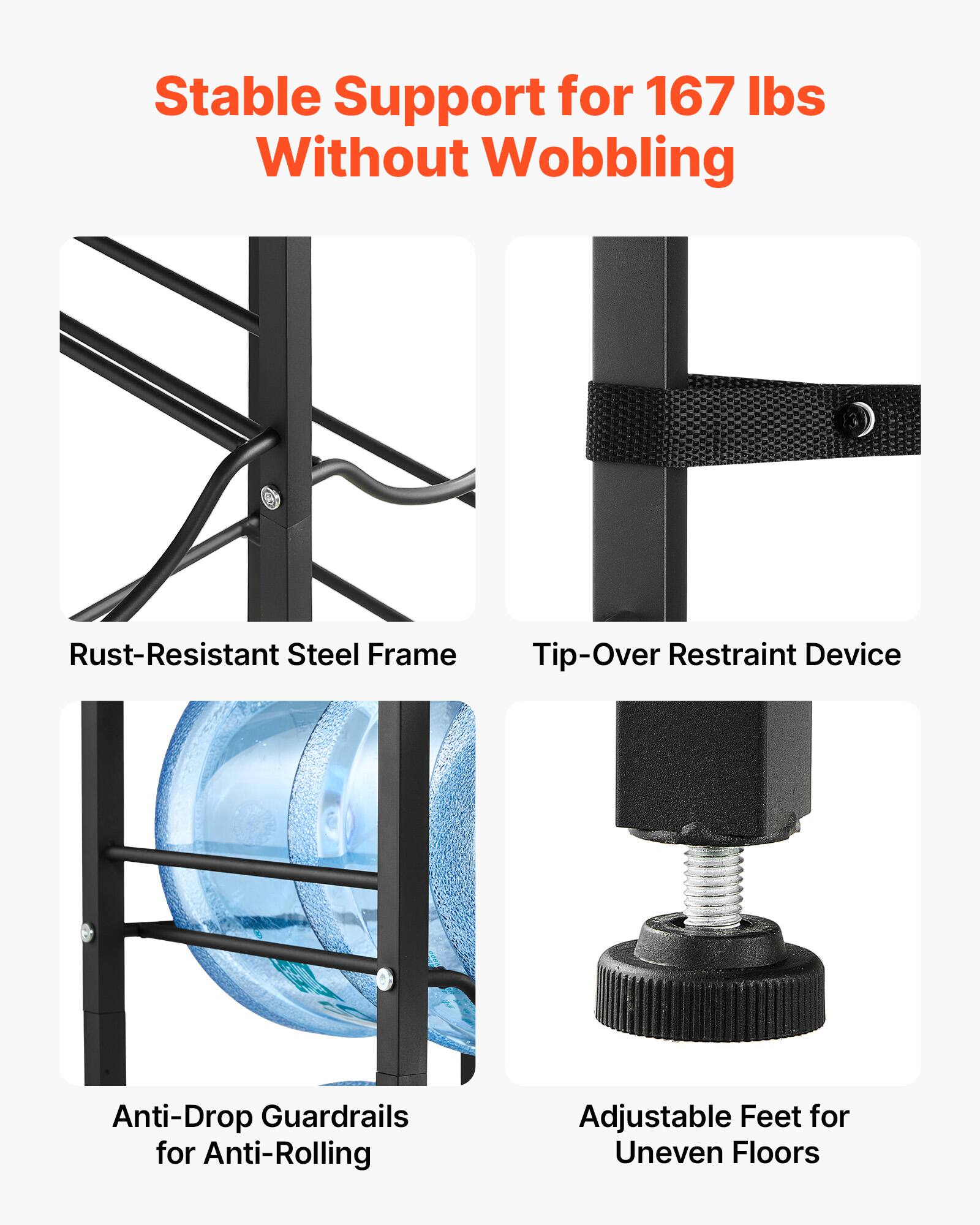 Stable Support for 167 lbs Without Wobbling  
Rust-Resistant Steel Frame  
Tip-Over Restraint Device  
Anti-Drop Guardrails for Anti-Rolling  
Adjustable Feet for Uneven Floors