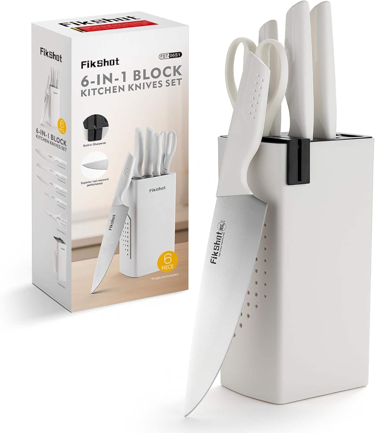 Livingo - FIKSHOT 6-Piece Kitchen Knife Block Set with Built-In Sharpener - White