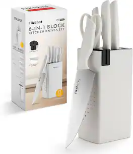 Livingo - FIKSHOT 6-Piece Kitchen Knife Block Set with Built-In Sharpener - White