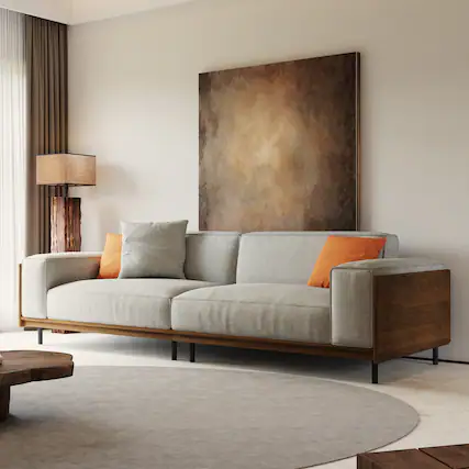 Front. luck idea - Modern Fabric Sofa with Solid Wood Frame, Breathable Cotton-Linen Upholstery, High-Density Foam Cushions, Metal Legs - Gray 3-Seat.