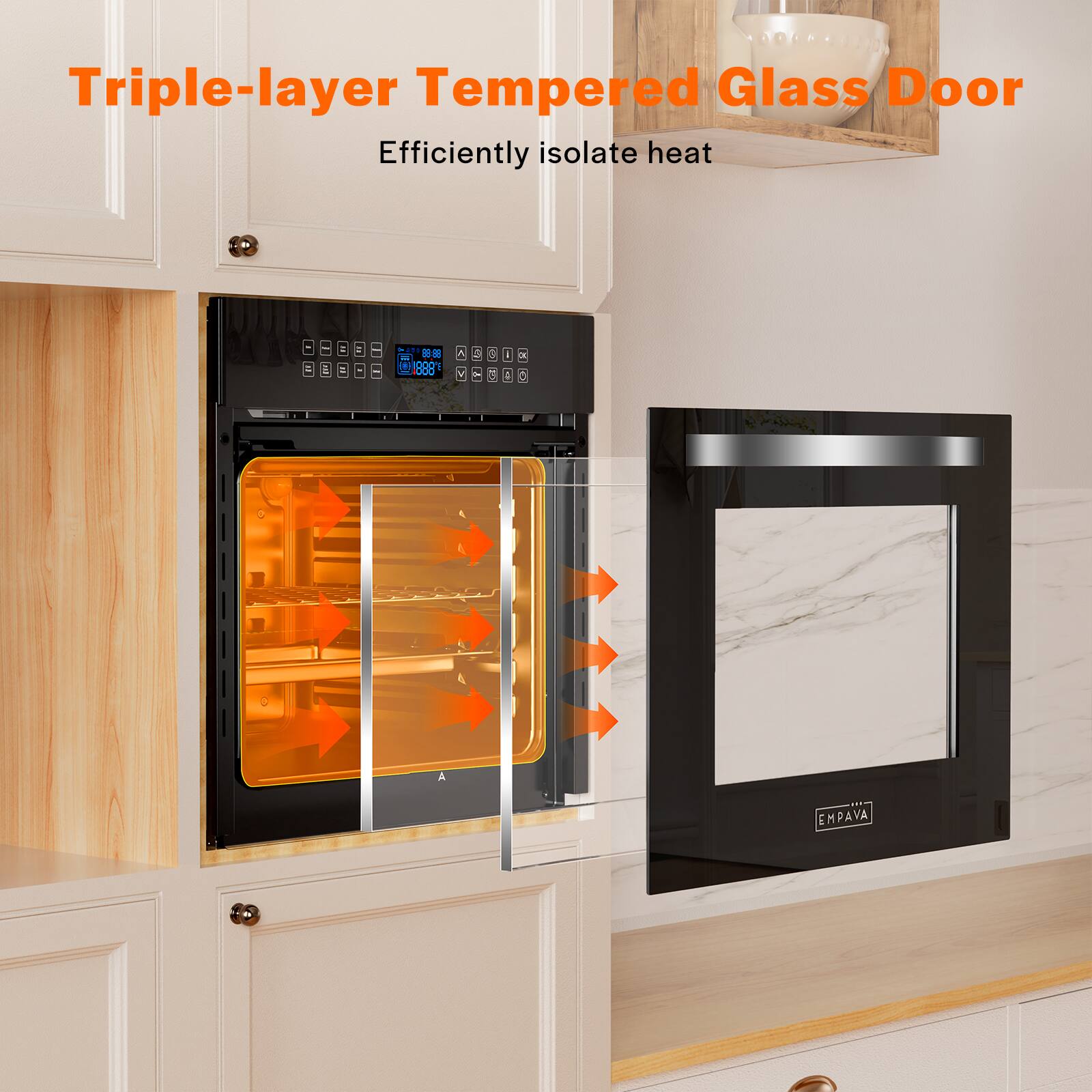 Triple-layer tempered glass door efficiently isolates heat.
