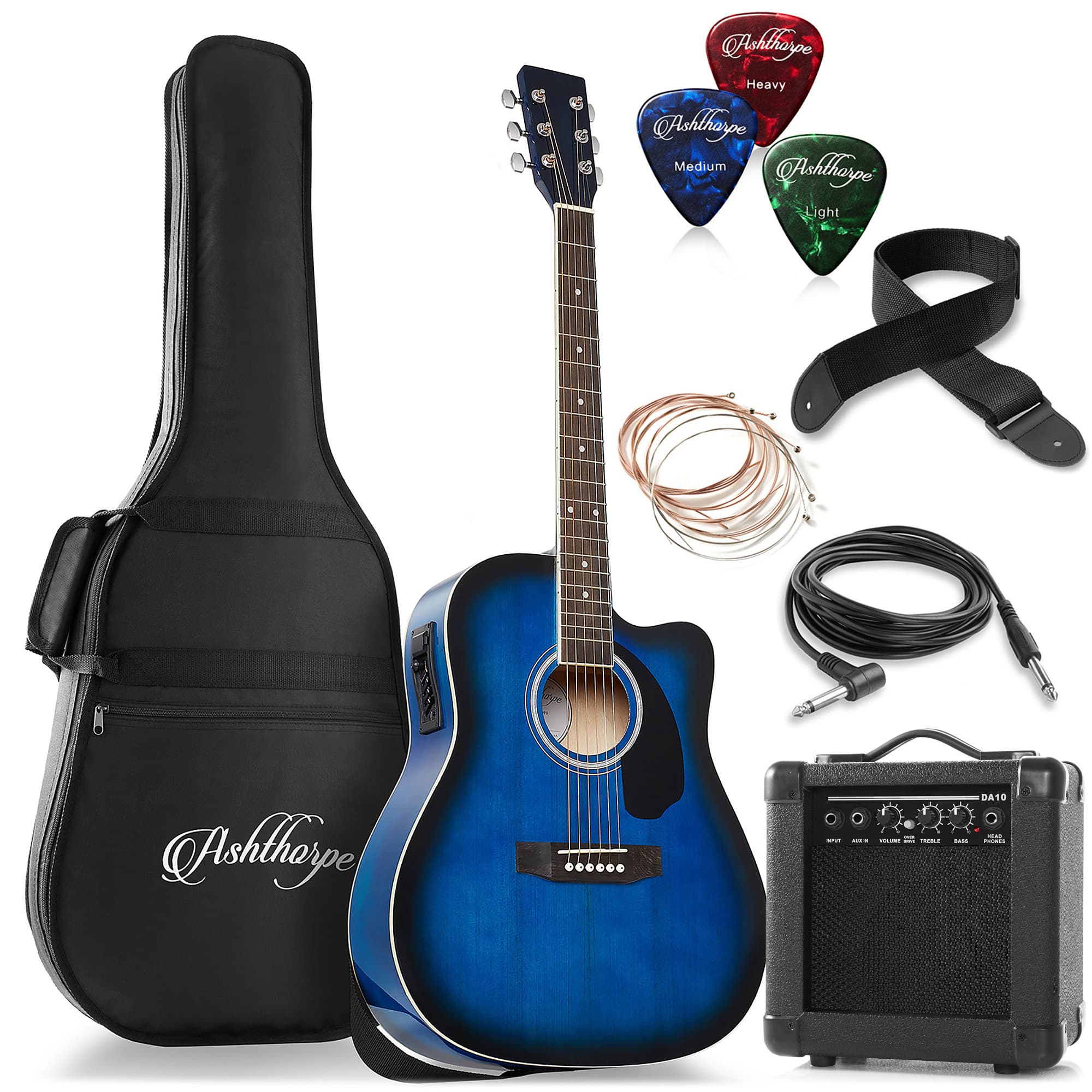 Ashthorpe - 41-in Dreadnought Cutaway Acoustic Electric Guitar and 10 Watt Amp - Blue