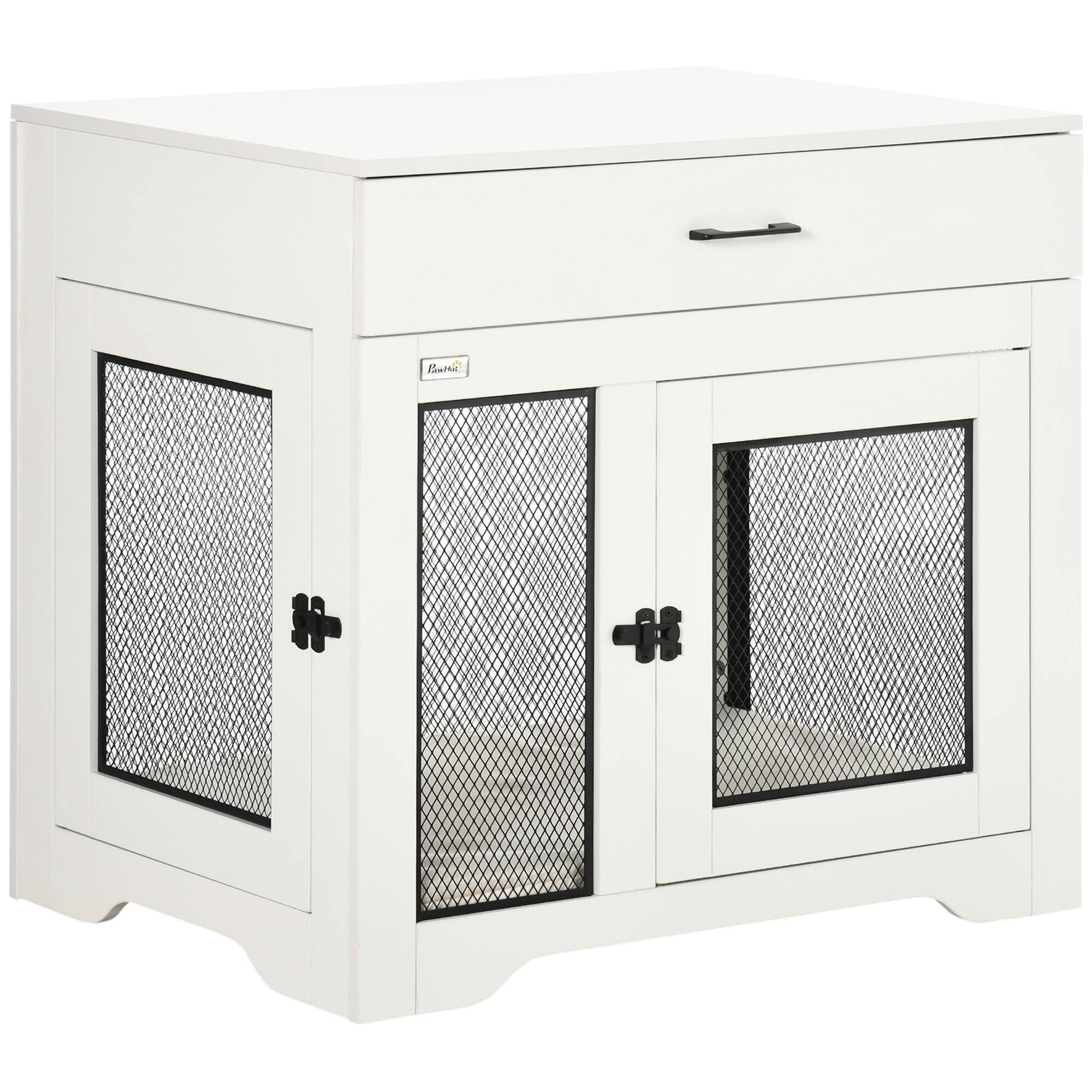 Front. Siljoy - Dog Crate End Table with Cushion & Drawer, 2‑Door Kennel for Small/Medium Dogs up to 44 lbs.