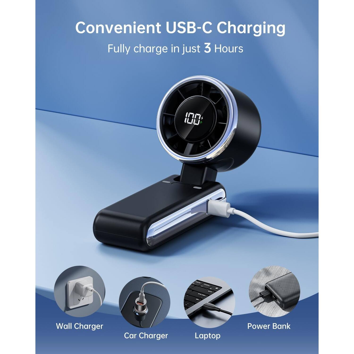 Convenient USB-C Charging  
Fully charge in just 3 Hours  

Wall Charger  
Car Charger  
Laptop  
Power Bank