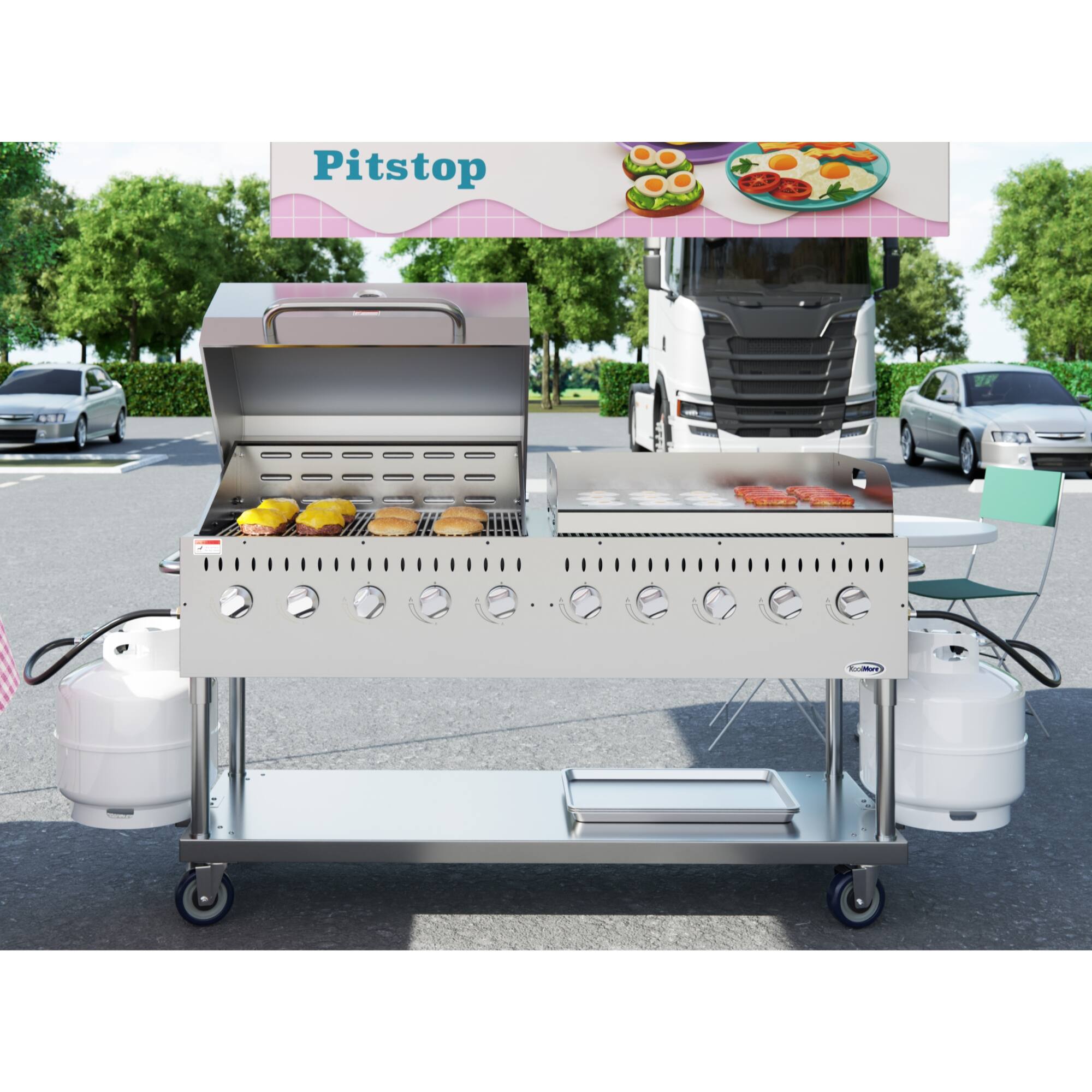 Back. Koolmore - 72 in. 10-Burner Commercial Outdoor Propane Gas Grill With 36 in. Roll Dome Cover and 36 in. Griddle in Stainless-Steel - Stainless Steel.