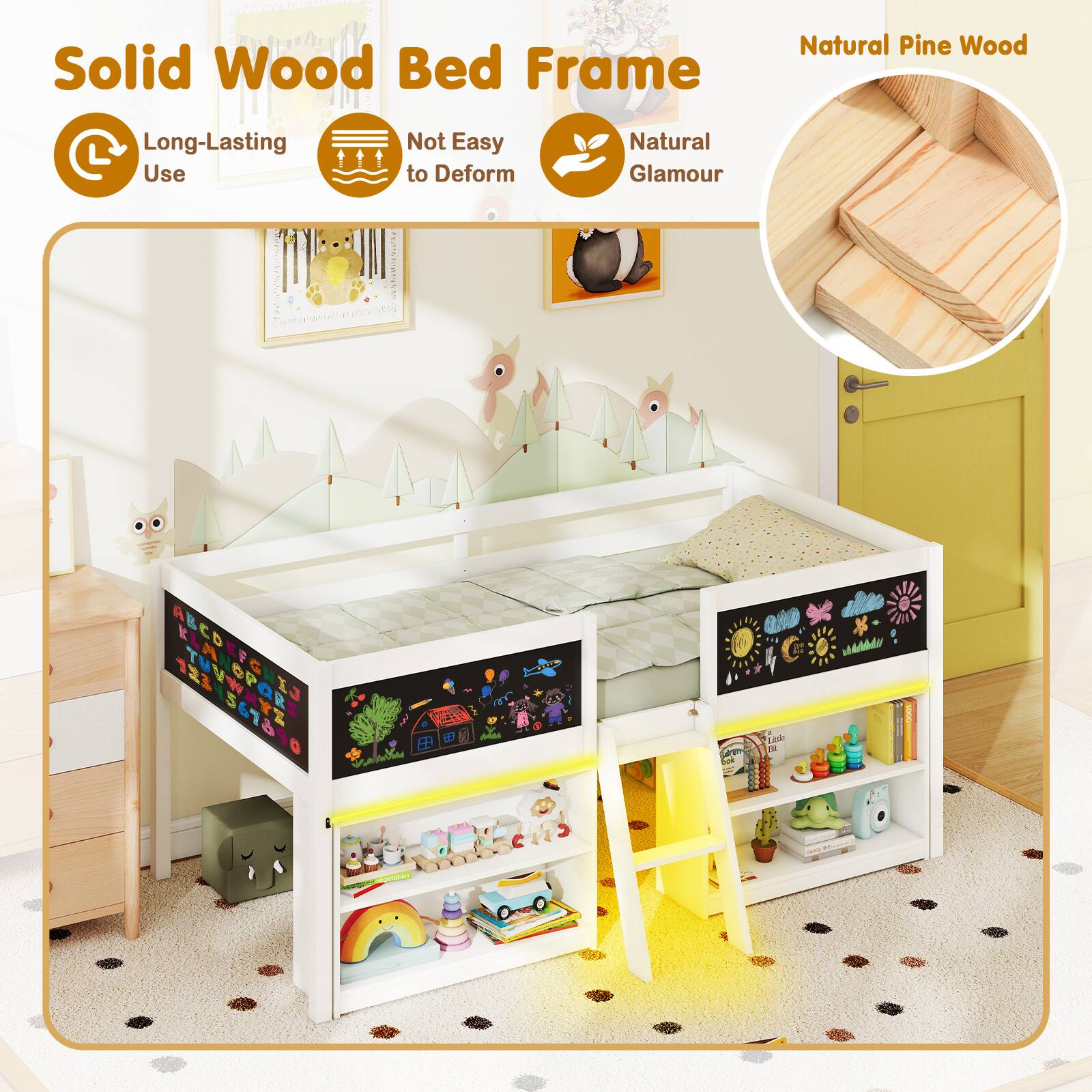 Solid Wood Bed Frame, Natural Pine Wood, Long-Lasting Use, Not Easy to Deform, Natural Glamour