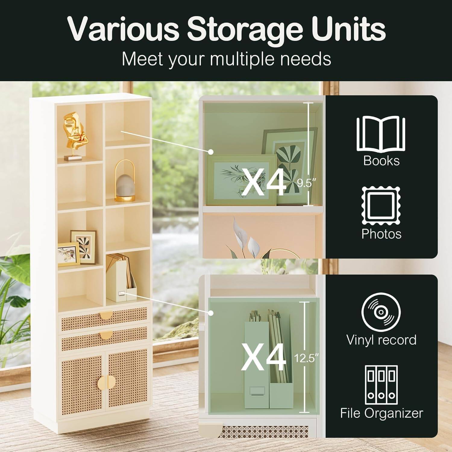 Various Storage Units  
Meet your multiple needs  

X4 9.5" Books Photos  
X4 12.5" Vinyl record  
File Organizer