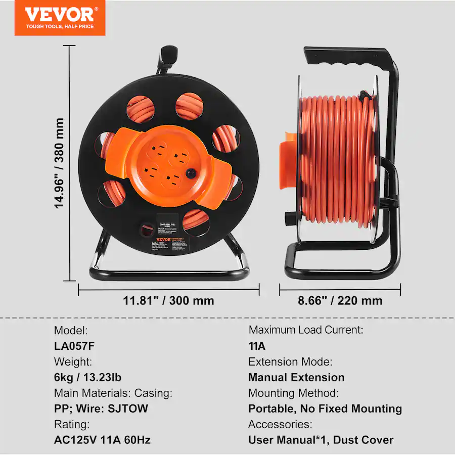 Pp Extendas VEVOR Extension Cord Reel, 100FT, with 4 Outlets and Dust Cover, Heavy ...