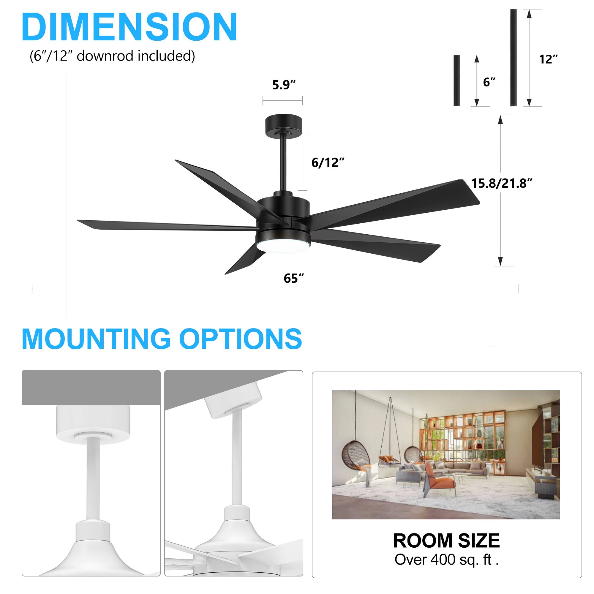 DIMENSION (6"/12" downrod included) 5.9" 6" 6/12" 15.8/21.8" 65" MOUNTING OPTIONS ROOM SIZE Over 400 sq. ft.