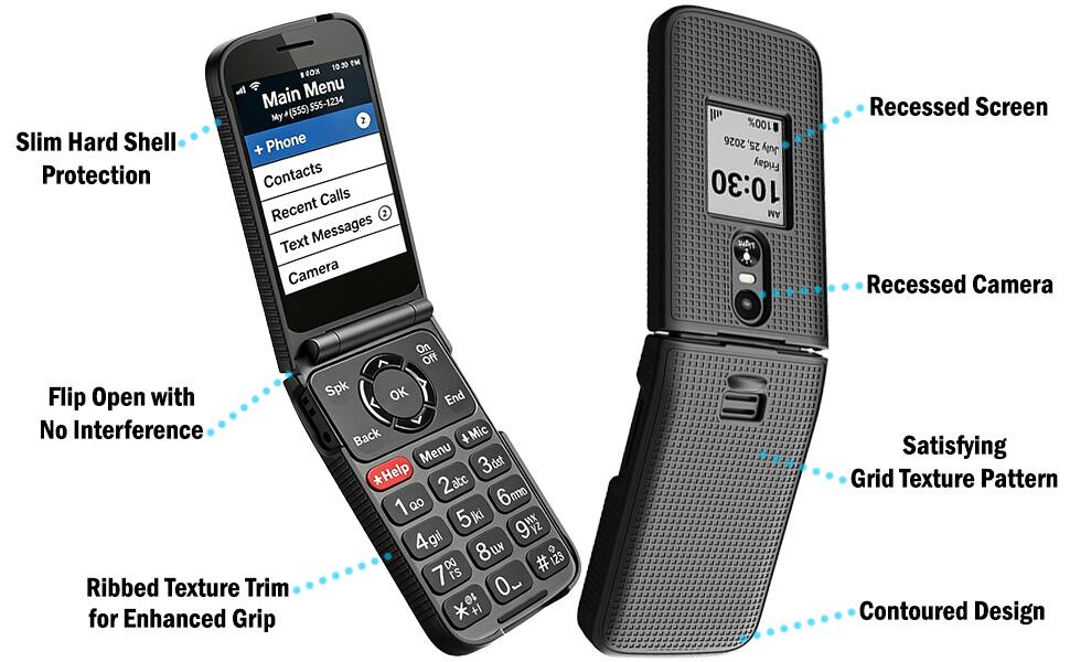 Slim Hard Shell Protection

10:00 KORE Main Menu (555) SSS-1234 My N + Phone Contacts Calls Recent 2 Text Messages Camera

100% 2026 25, July Friday 10:30 AM

Recessed Screen Recessed Camera

Flip Open with No Interference Ribbed Texture Trim for Enhanced Grip

On Off Spk OK End Back +Mic Menu 3dst *Help 2atc 1 QO 6mm 5 ki 9 4gii 8uv H 7.00 DO #123 10 0 *

Satisfying Grid Texture Pattern Contoured Design