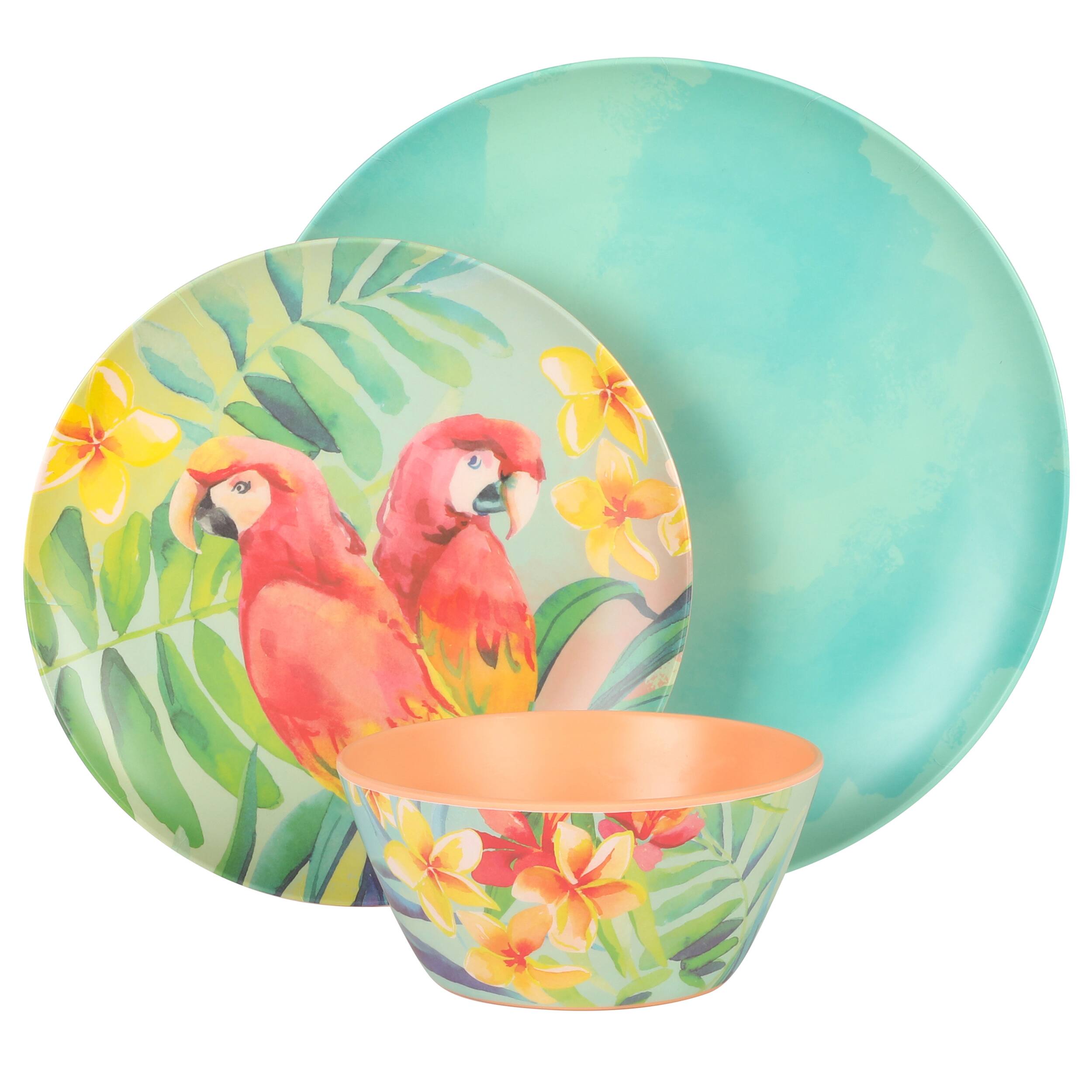Alt View 1. Laurie Gates - Laurie Gates Tropical Parrots 12 Piece Melamine Dinnerware Set in Assorted Designs - Multi-Color.