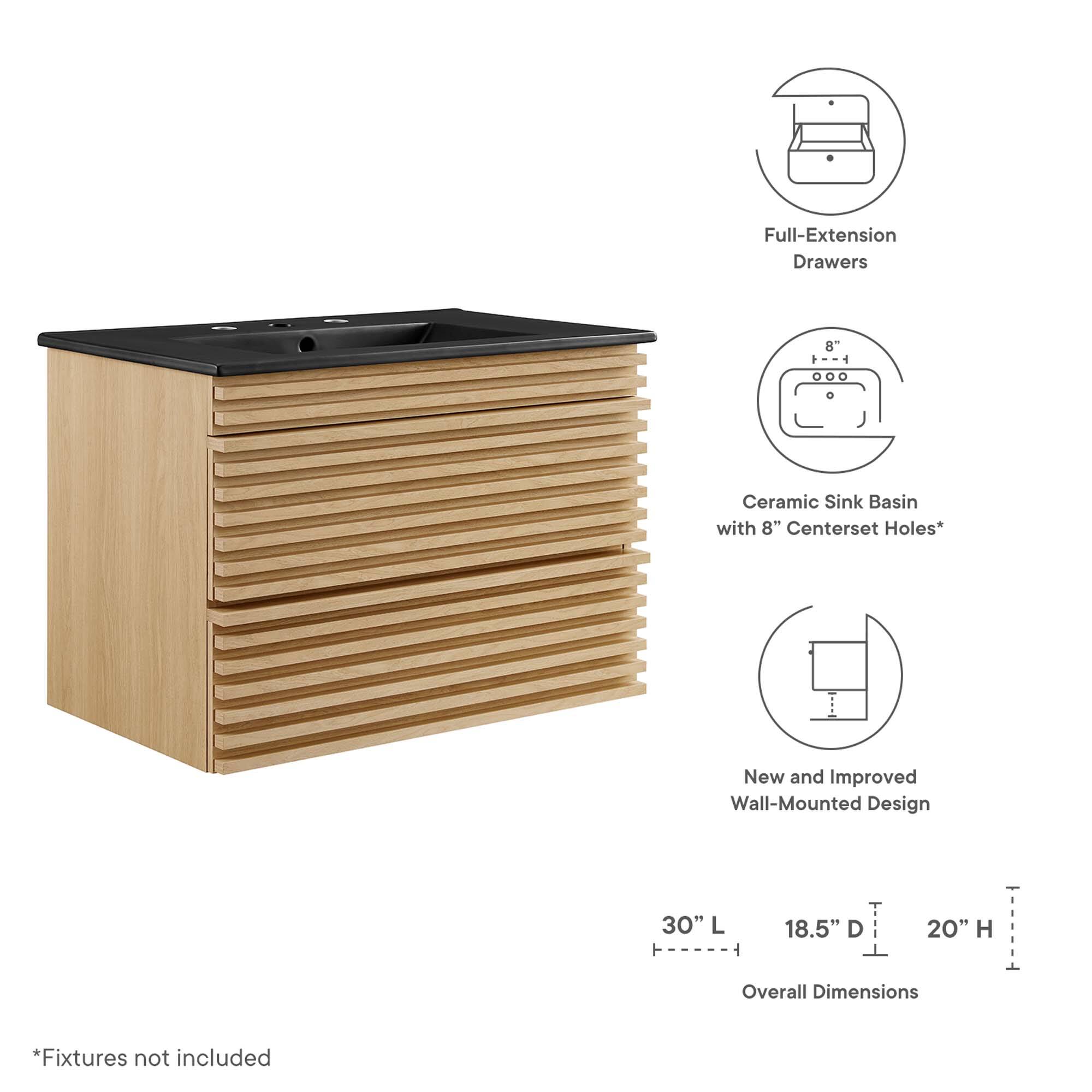 Full-Extension Drawers  
Ceramic Sink Basin with 8" Centerset Holes*  
New and Improved Wall-Mounted Design  

Overall Dimensions:  
30" L x 18.5" D x 20" H  

*Fixtures not included