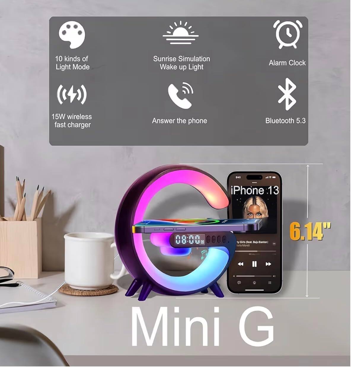10 kinds of Light Mode Sunrise Simulation Wake up Light Alarm Clock 15W wireless fast charger Answer the phone Bluetooth 5.3 iPhone 13 ty Cirls Peat Buj Bantoc toria MONce 6.14" Mini G