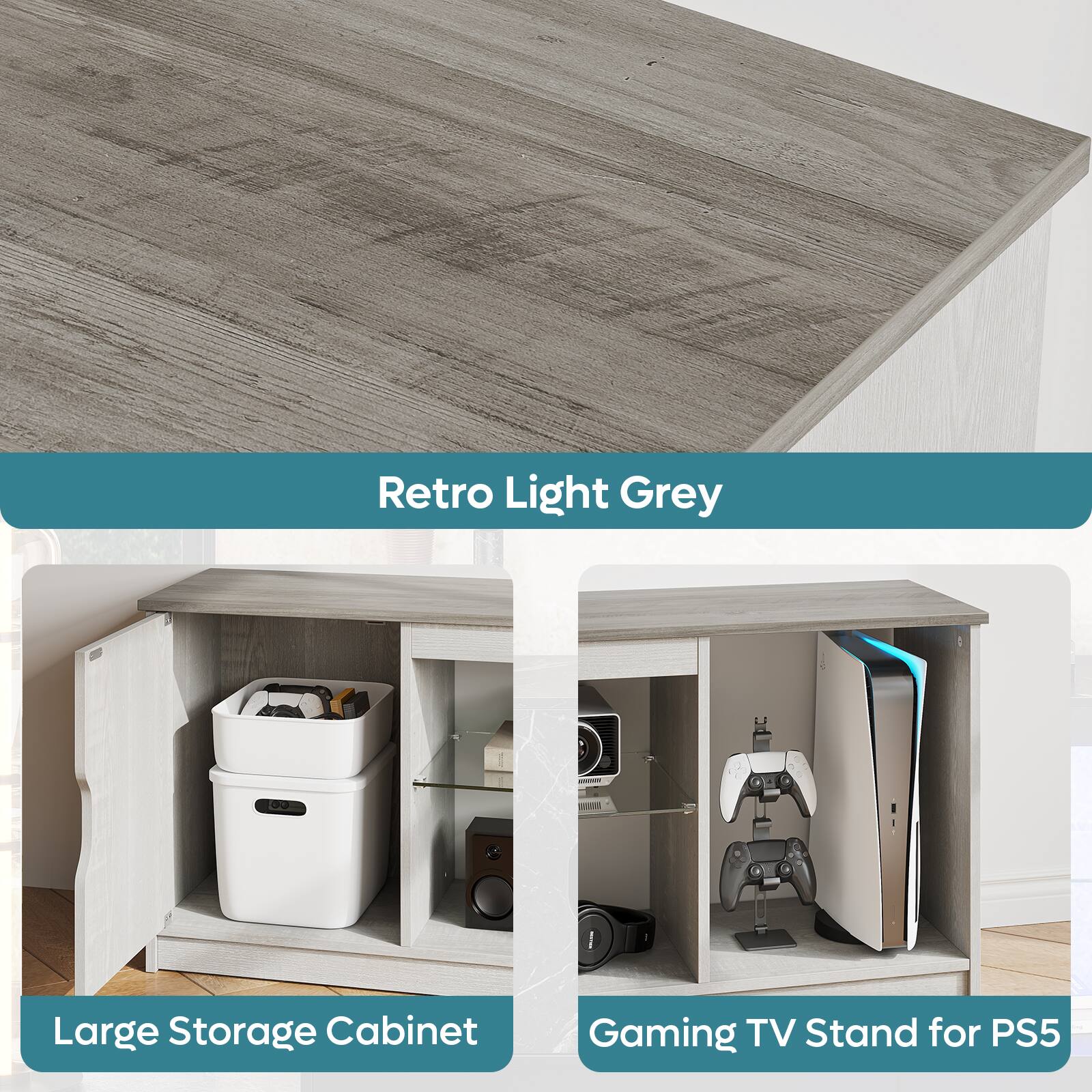 Retro Light Grey Large Storage Cabinet Gaming TV Stand for PS5
