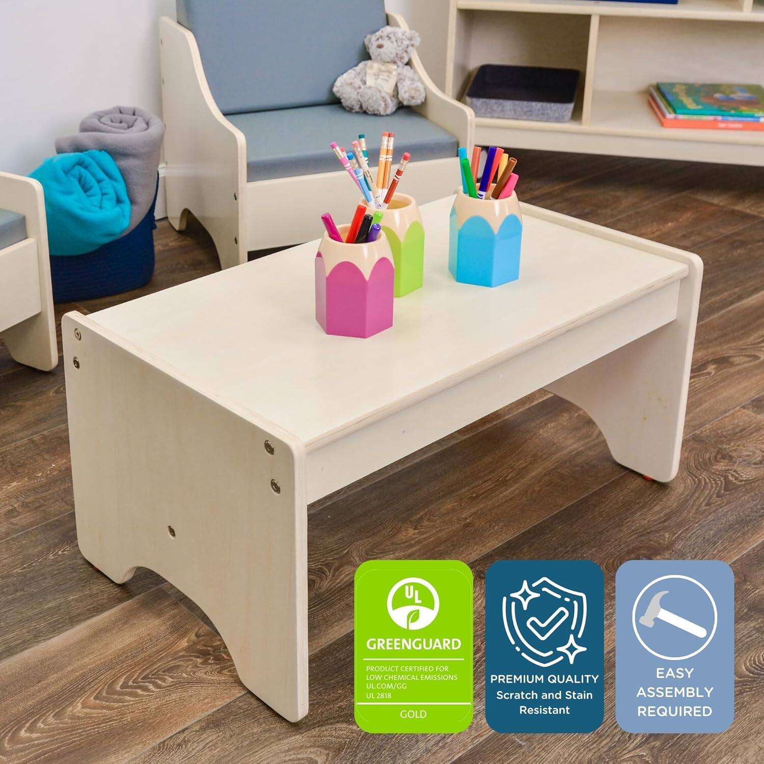 UL GREENGUARD PRODUCT CERTIFIED FOR LOW CHEMICAL EMISSIONS  
UL.COM/GG  
UL 2818 GOLD  

PREMIUM QUALITY  
Scratch and Stain Resistant  

EASY ASSEMBLY REQUIRED