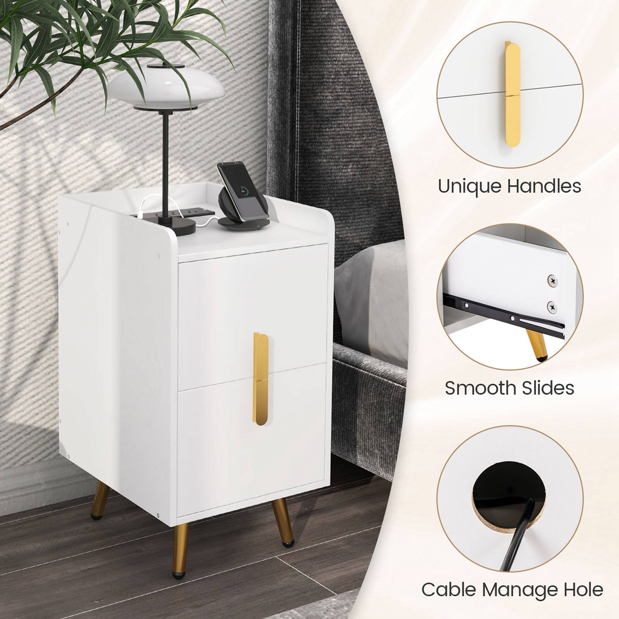 The image features a modern white dresser with a gold handle and a black tablet on top. The dresser is accompanied by a potted plant and a bed. The dresser has a unique design with smooth slides and a cable management hole. The image also highlights the dresser's uncommon handles, which add to its contemporary appeal.