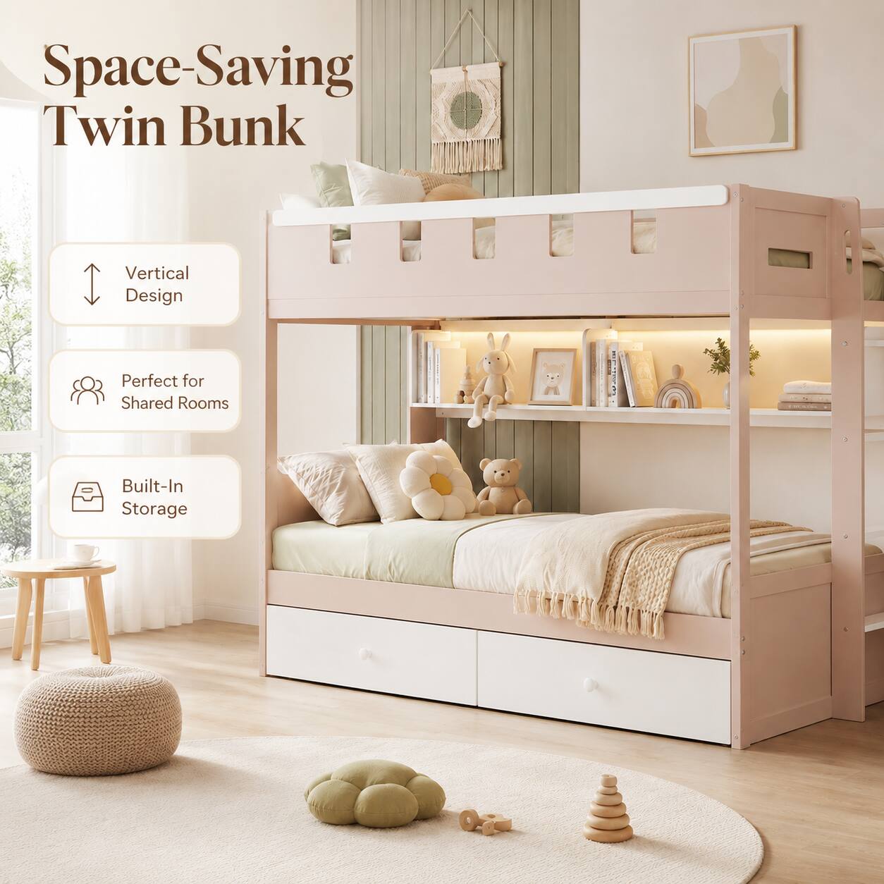 Space-Saving Twin Bunk  
Vertical Design  
Perfect for Shared Rooms  
Built-In Storage