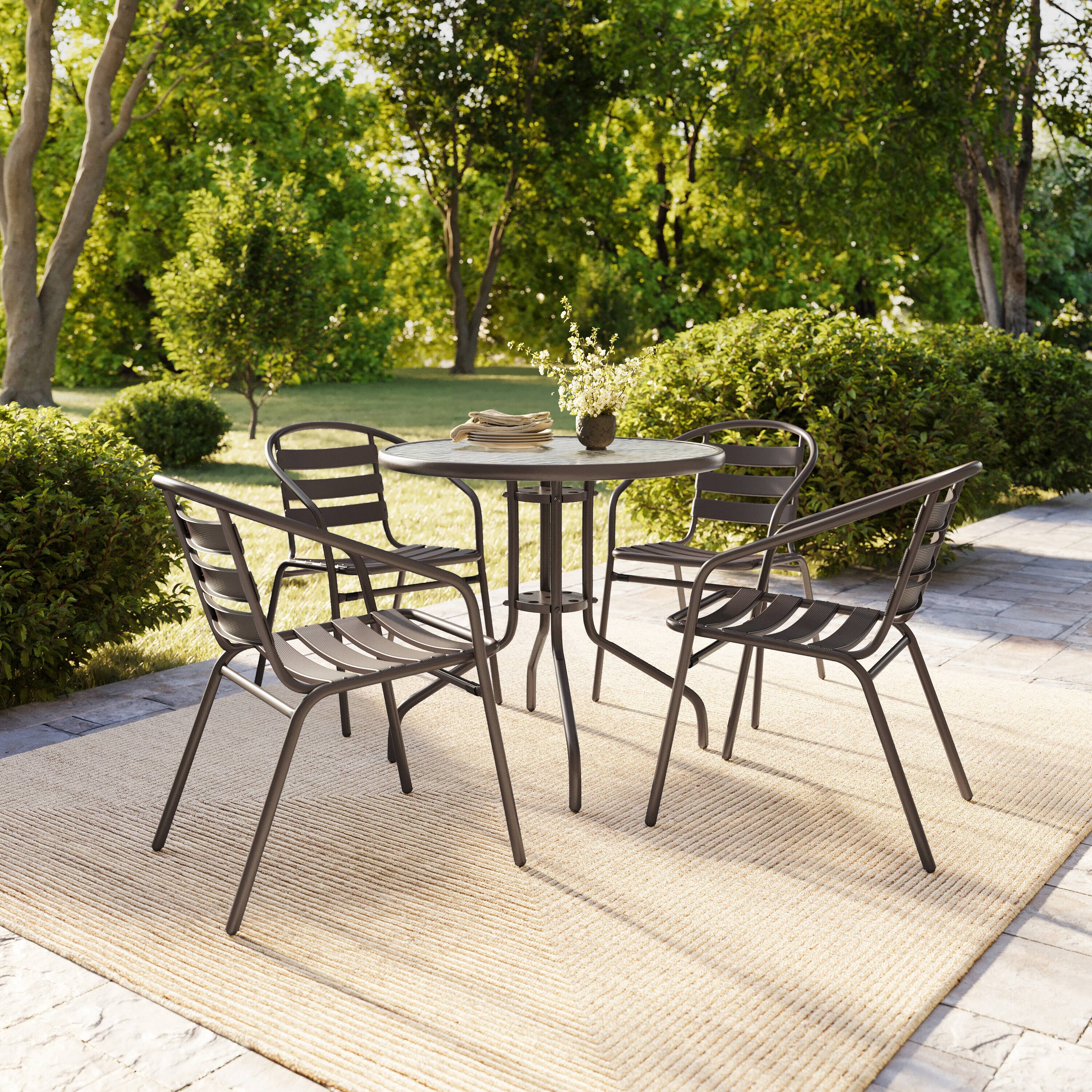 Alt View 2. Flash Furniture - Lila 31.5'' Round Glass Top Metal Table with 4 Bronze Aluminum Slat Stack Chairs - Brown.