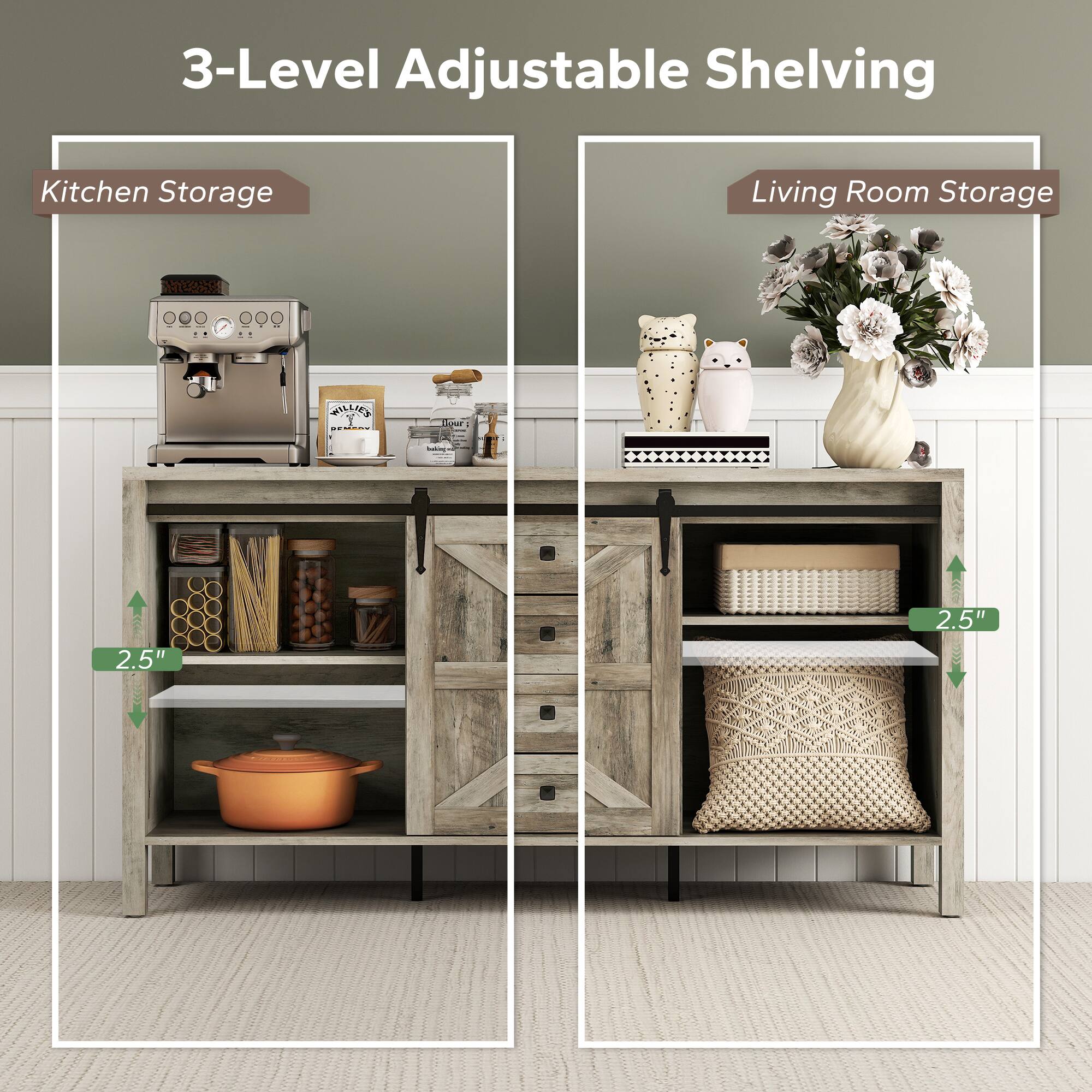 3-Level Adjustable Shelving, Kitchen Storage, Living Room Storage, 2.5", 2.5"