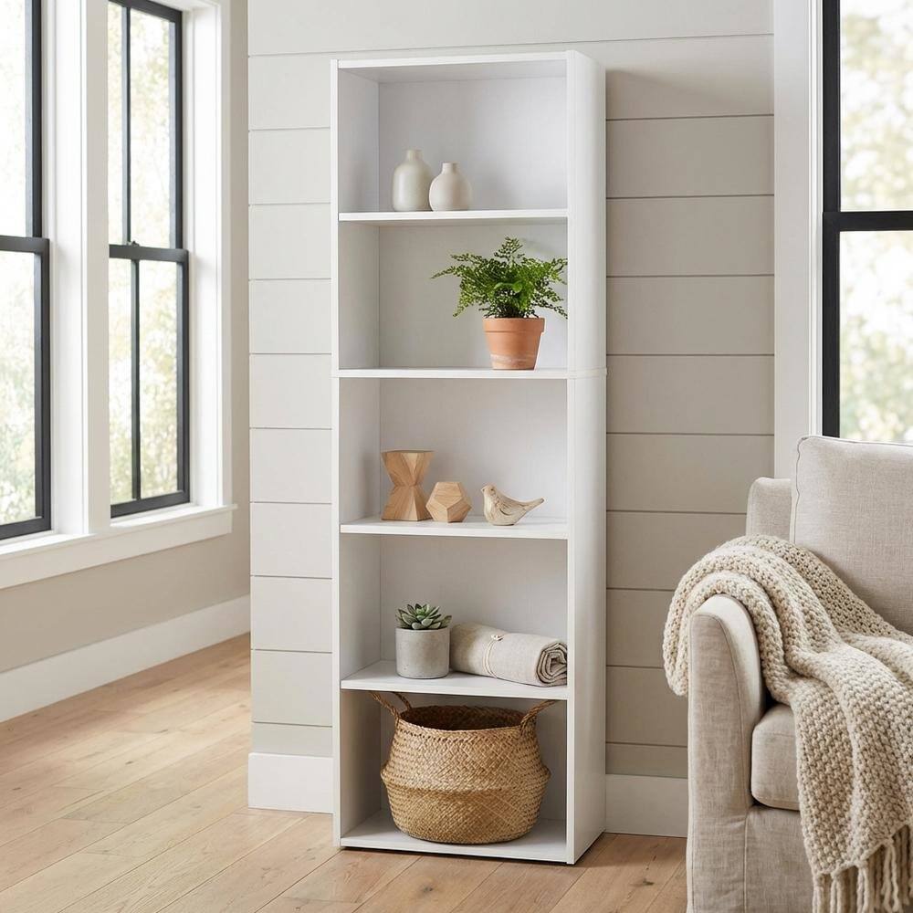 Angle. FurniFact - Reversible 5-Tier White Open Shelf Bookcase for Storage and Organization - Brown.