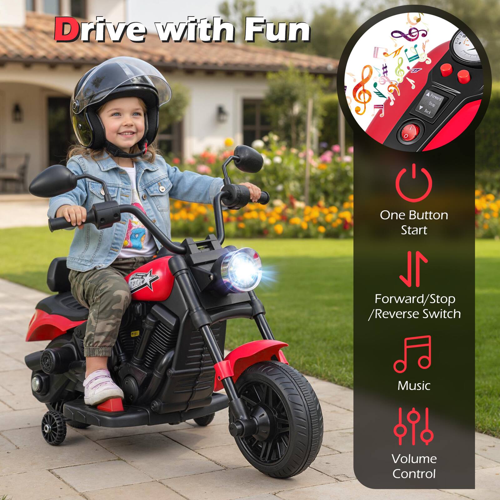Drive with Fun

- One Button Start
- Forward/Stop / Reverse Switch
- Music
- Volume Control
