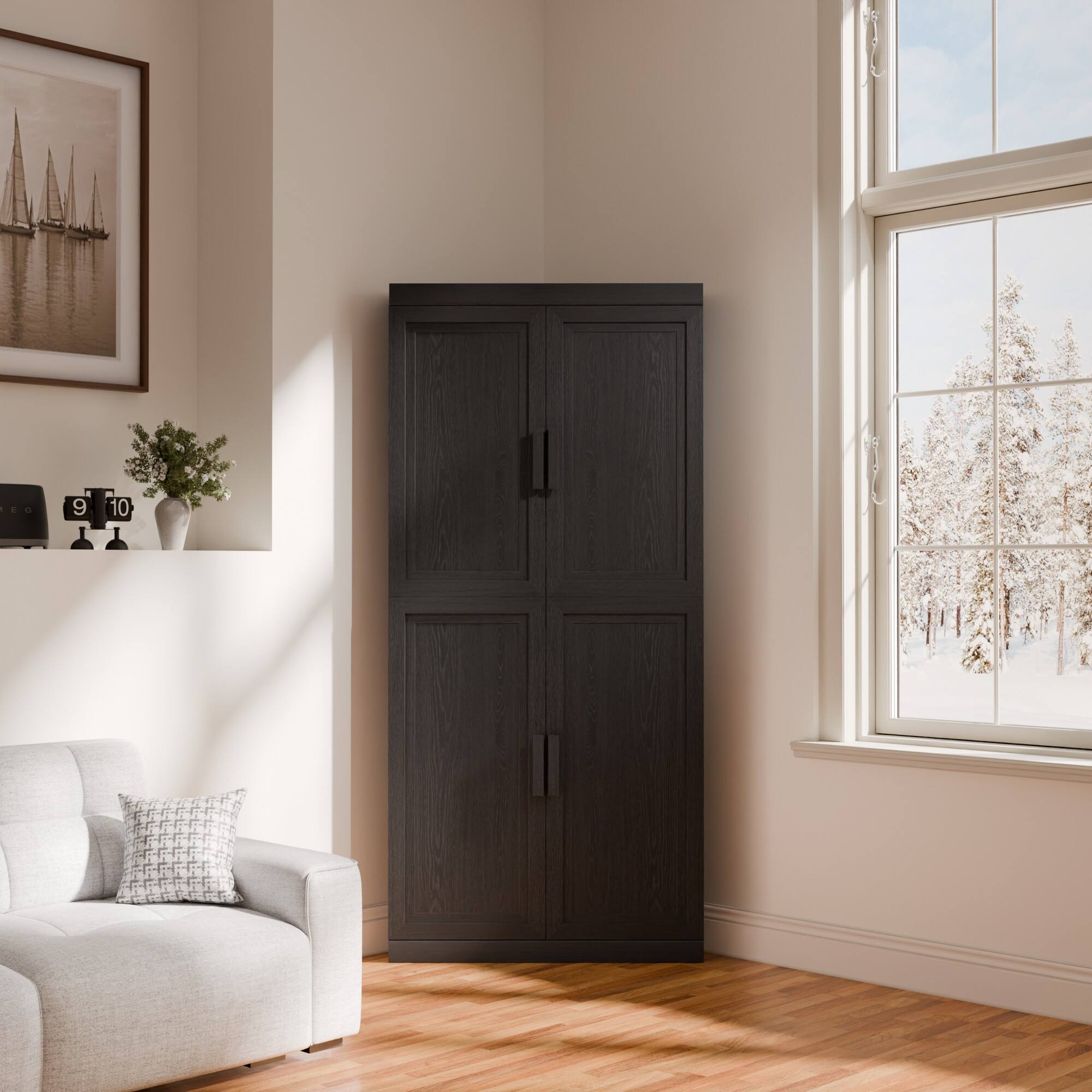 Alt View 1. PexFix - 67" Farmhouse Corner Accent Storage Cabinet with Solid Wood Doors and Adjustable Shelves for Space-Saving - Black.