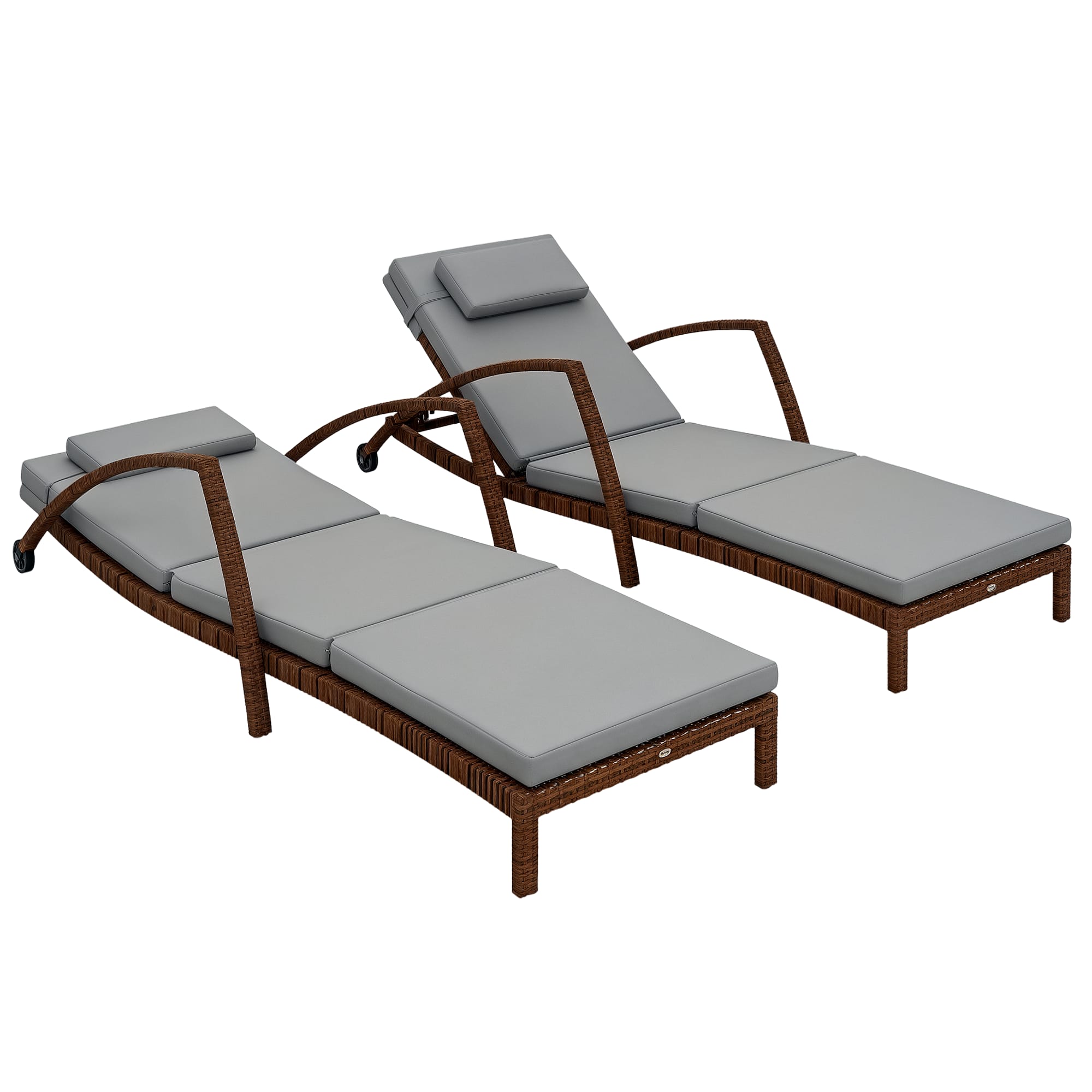 Outsunny - Wicker Chaise Lounge Chair Outdoor Set of 2, 5-Position Adjustable Reclining Pool Lounge Chairs with Wheels - Gray