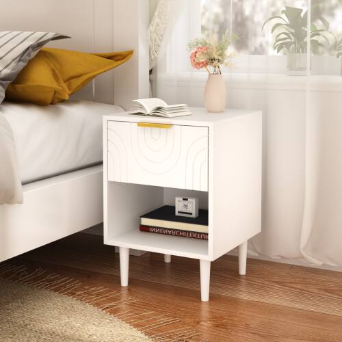 Angle. LUCKY ONE - 22.8" Assembled White Nightstand 1-Drawer 1-Shelf Gold Handle - White.