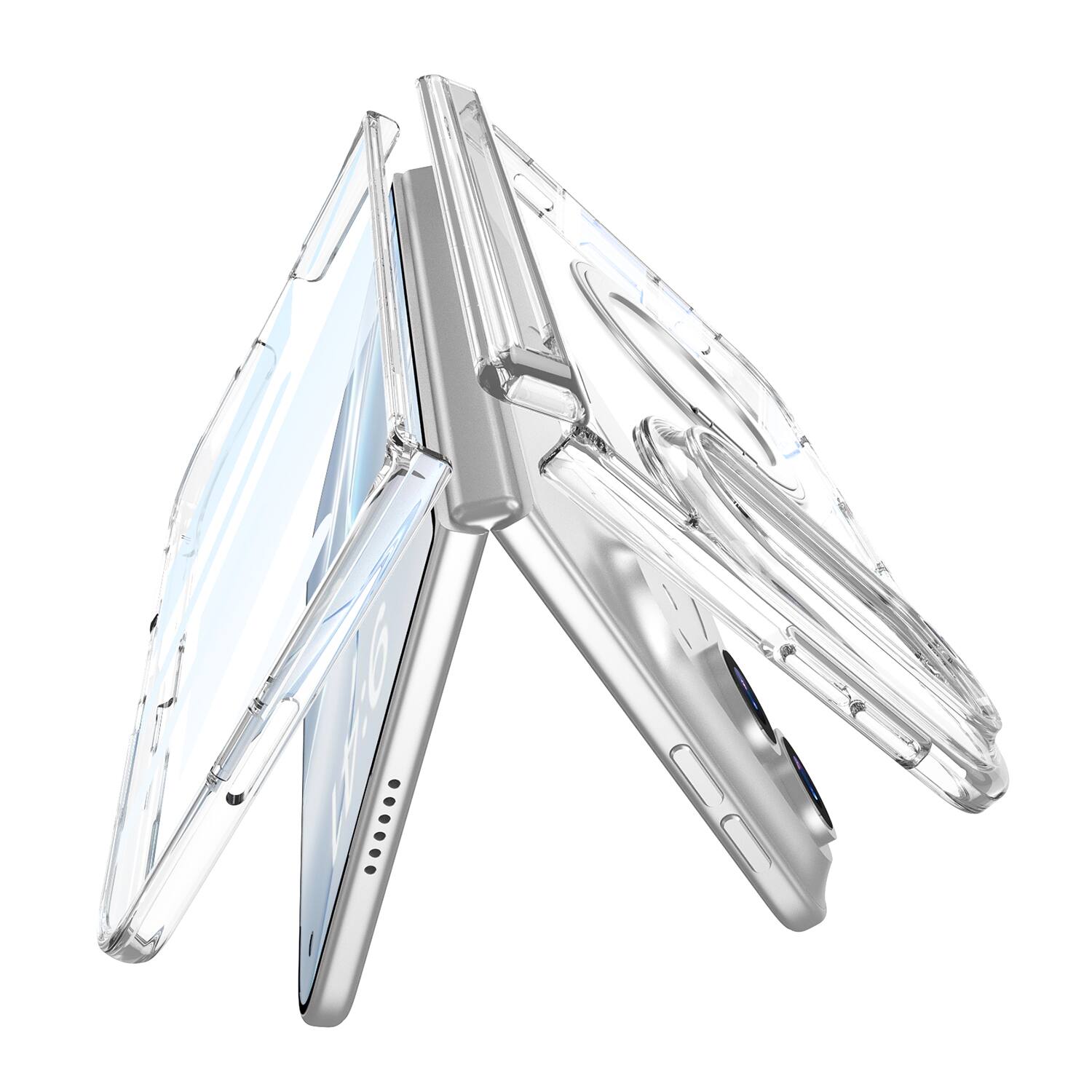 Left. Dteck - for iPhone Duo Clear Case with Magnetic Rotatable Ring Kickstand, Hinge Protection with Built-in Screen Cover - Clear.