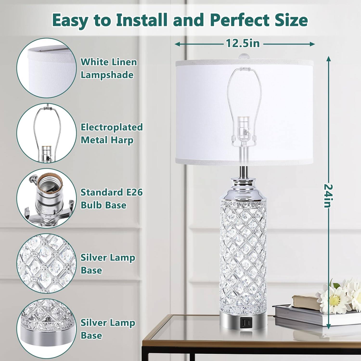 Easy to Install and Perfect Size

- White Linen Lampshade
- Electroplated Metal Harp
- Standard E26 Bulb Base
- Silver Lamp Base

Dimensions:
- 12.5in (width)
- 24in (height)
