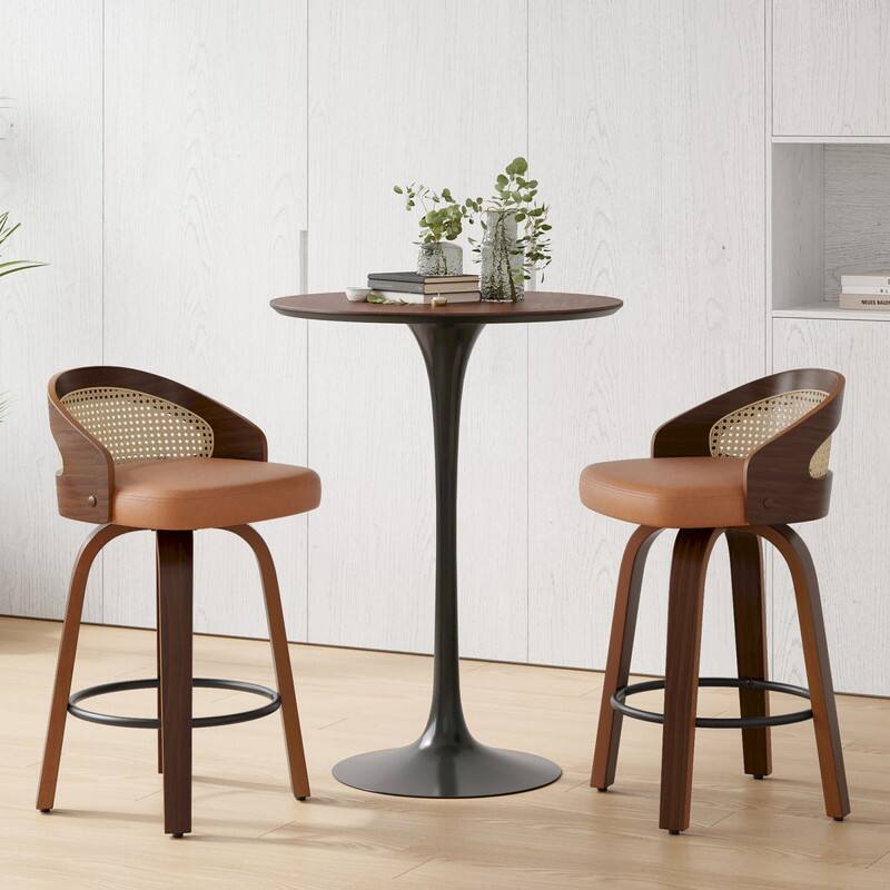 Alt View 2. HTUTWOO - Swivel Bar Stools Set of 2, 360° Rotation PU Leather Rattan Back Barstools with Footrest,for Kitchen Island Home Bar - Yellow.