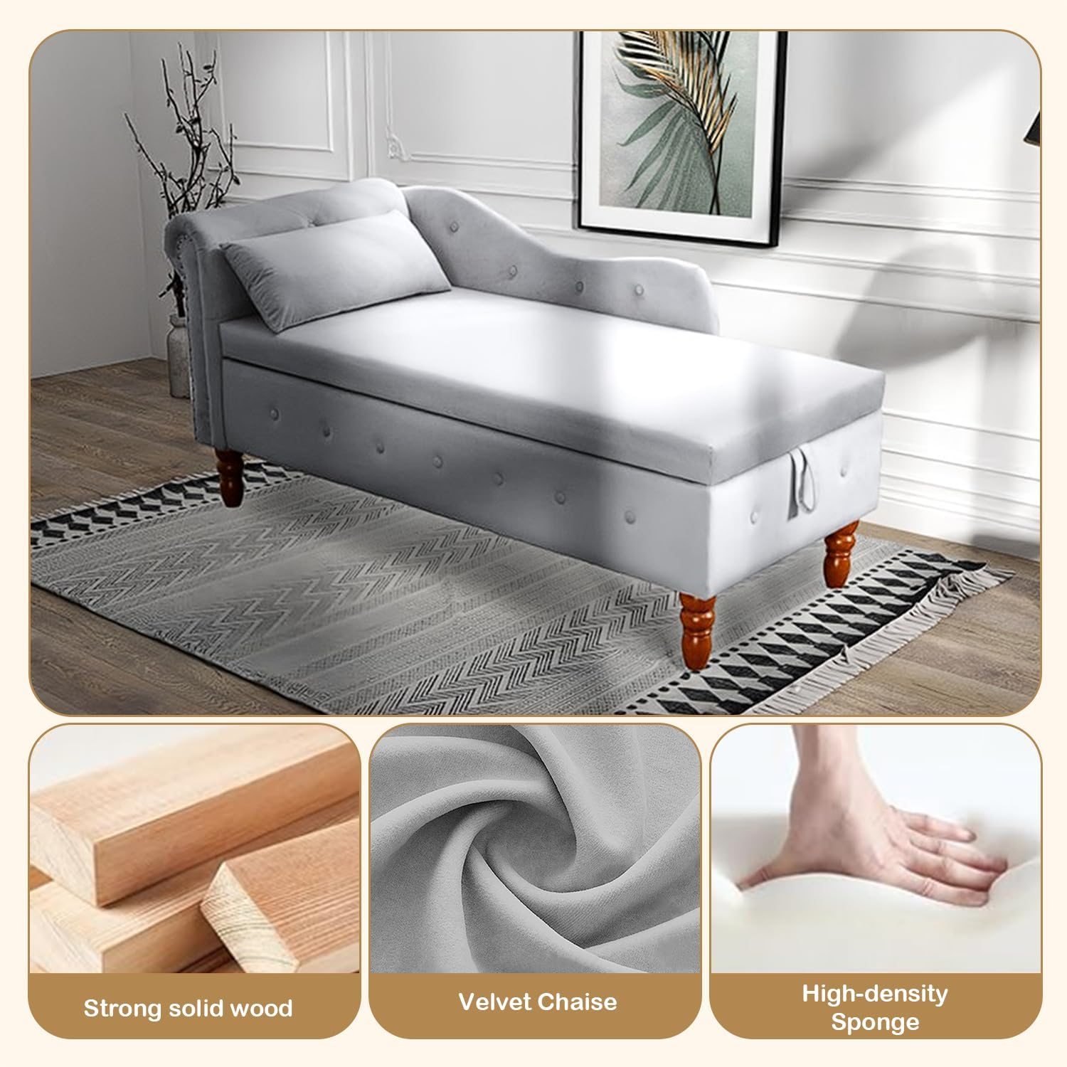 Strong solid wood Velvet Chaise High-density Sponge